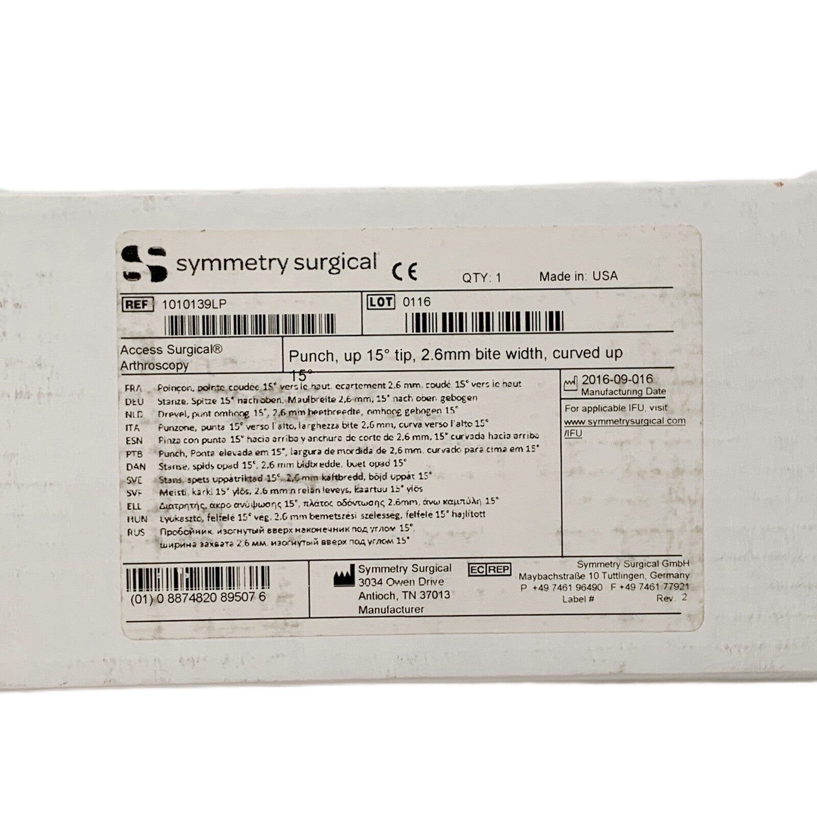 Symmetry Medical REF 1010139LP, Punch, up 15Deg tip, 2.6mm bite width, curved up