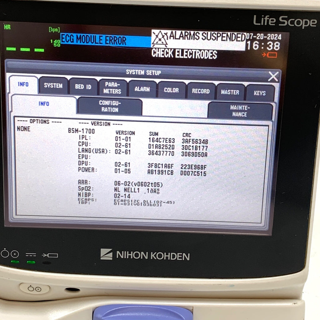 Nihon Kohden REF BSM-1753A, Nellcor Oximax SPO2, ECG, NIBP, TEMP, BIS w/ SC-170R