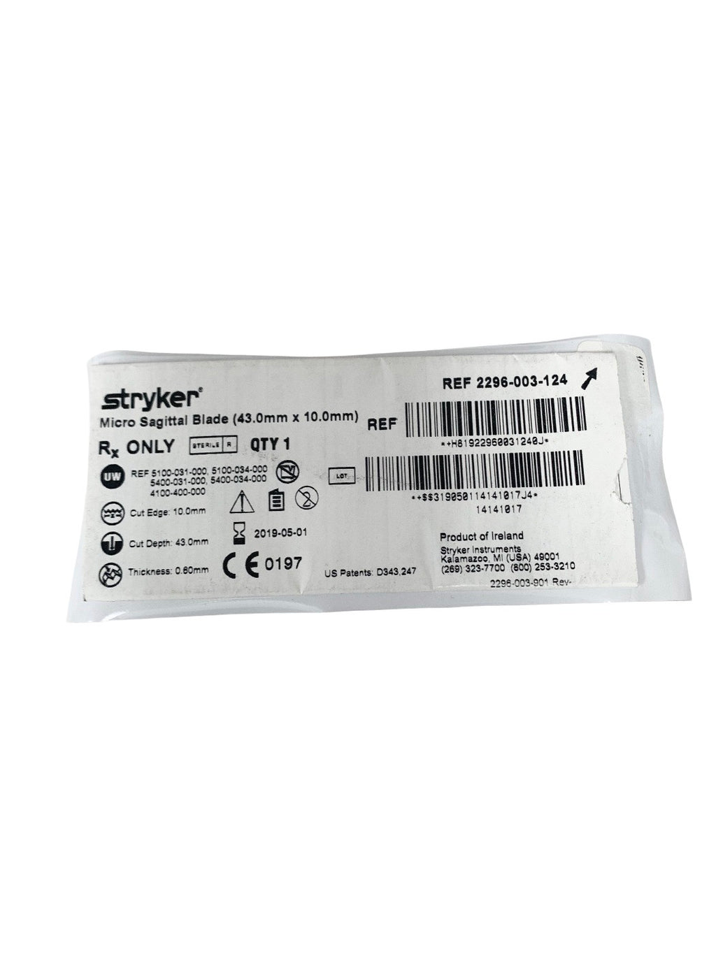 STRYKER REF 2296-003-124 Micro Sagittal Blade (43.0mm x 10.0mm), EXP.2019-05