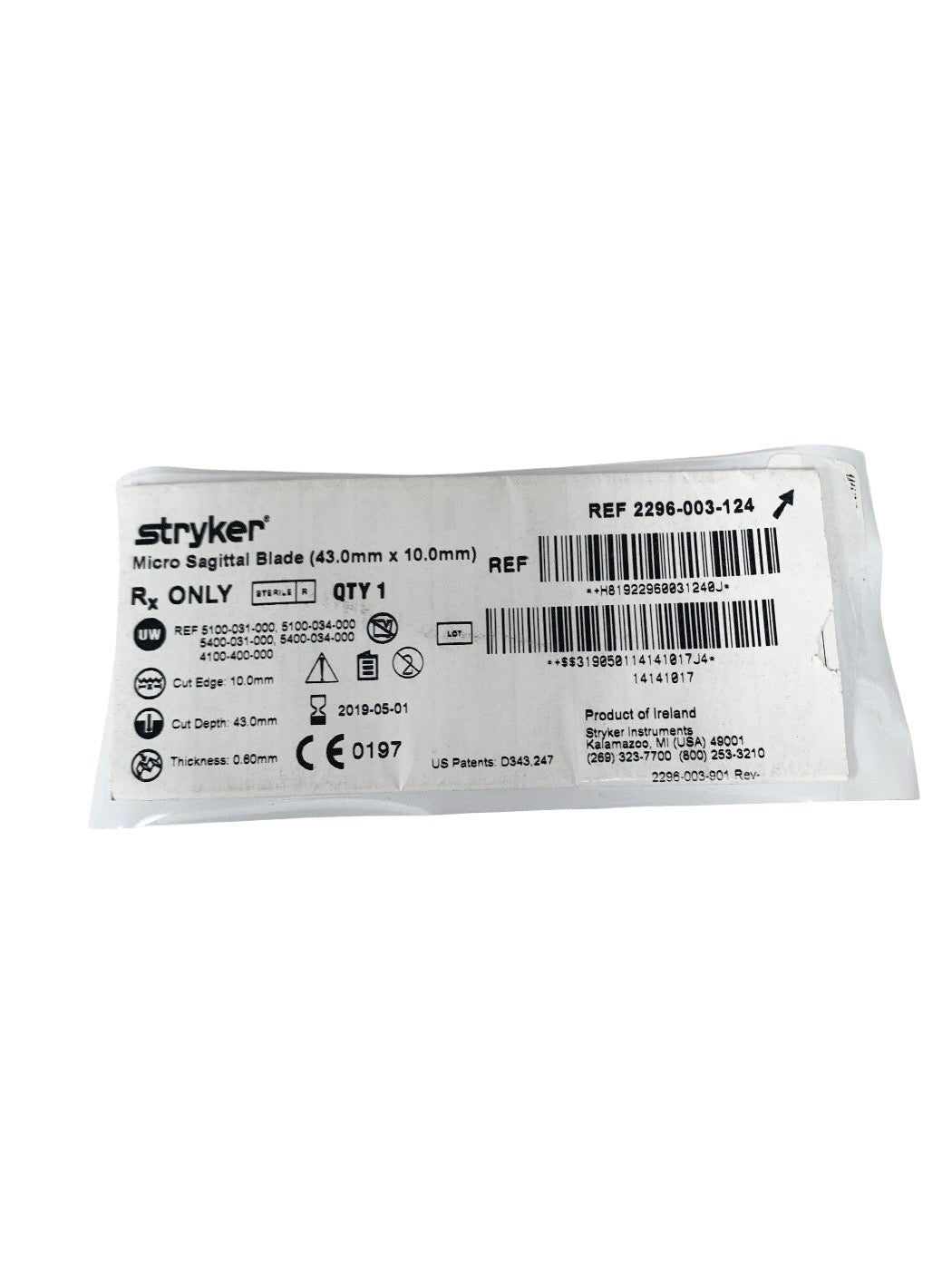 STRYKER REF 2296-003-124 Micro Sagittal Blade (43.0mm x 10.0mm), EXP.2019-05