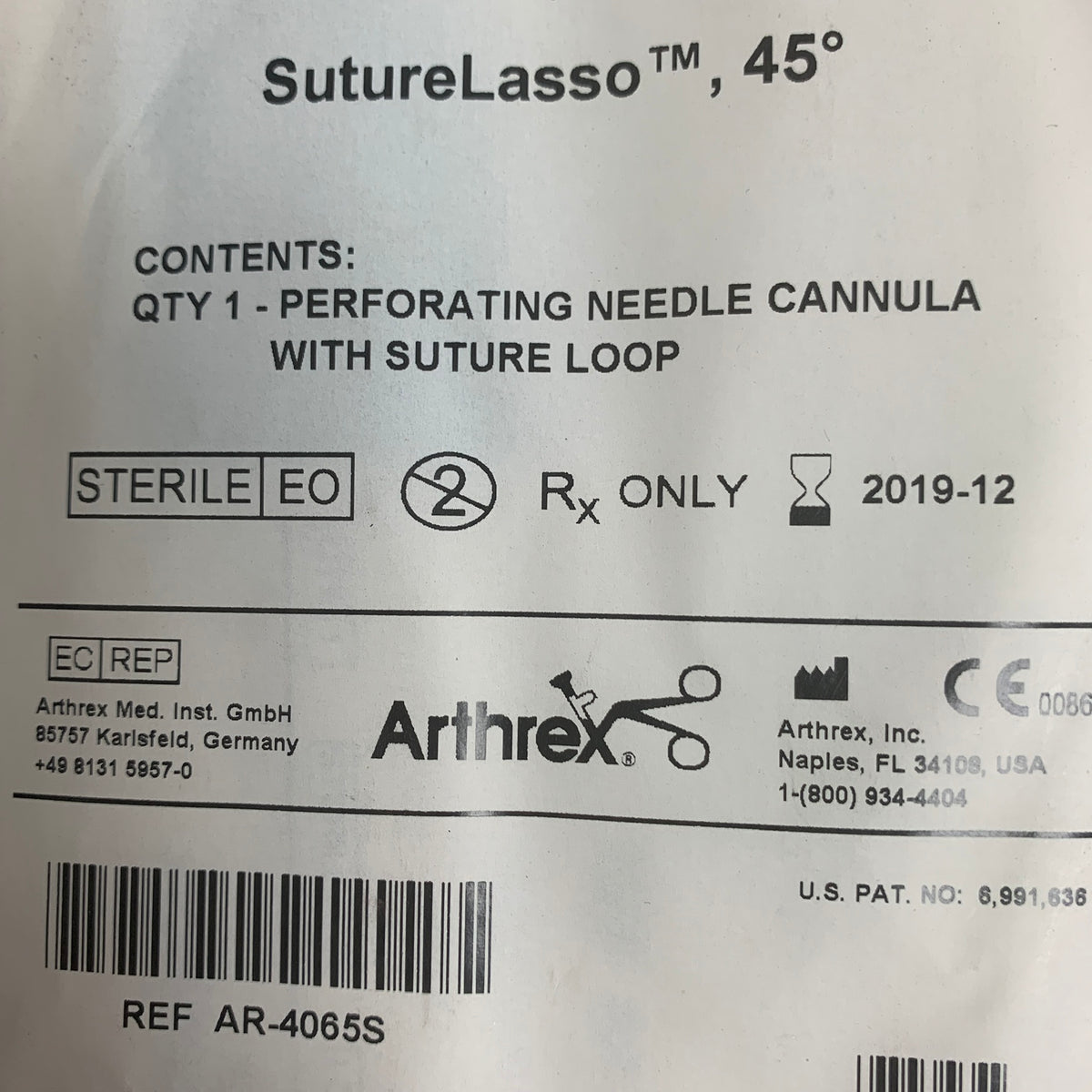 ARTHREX AR-4065S SutureLasso 45° Perforating Needle Cannula, EXP 2019-12