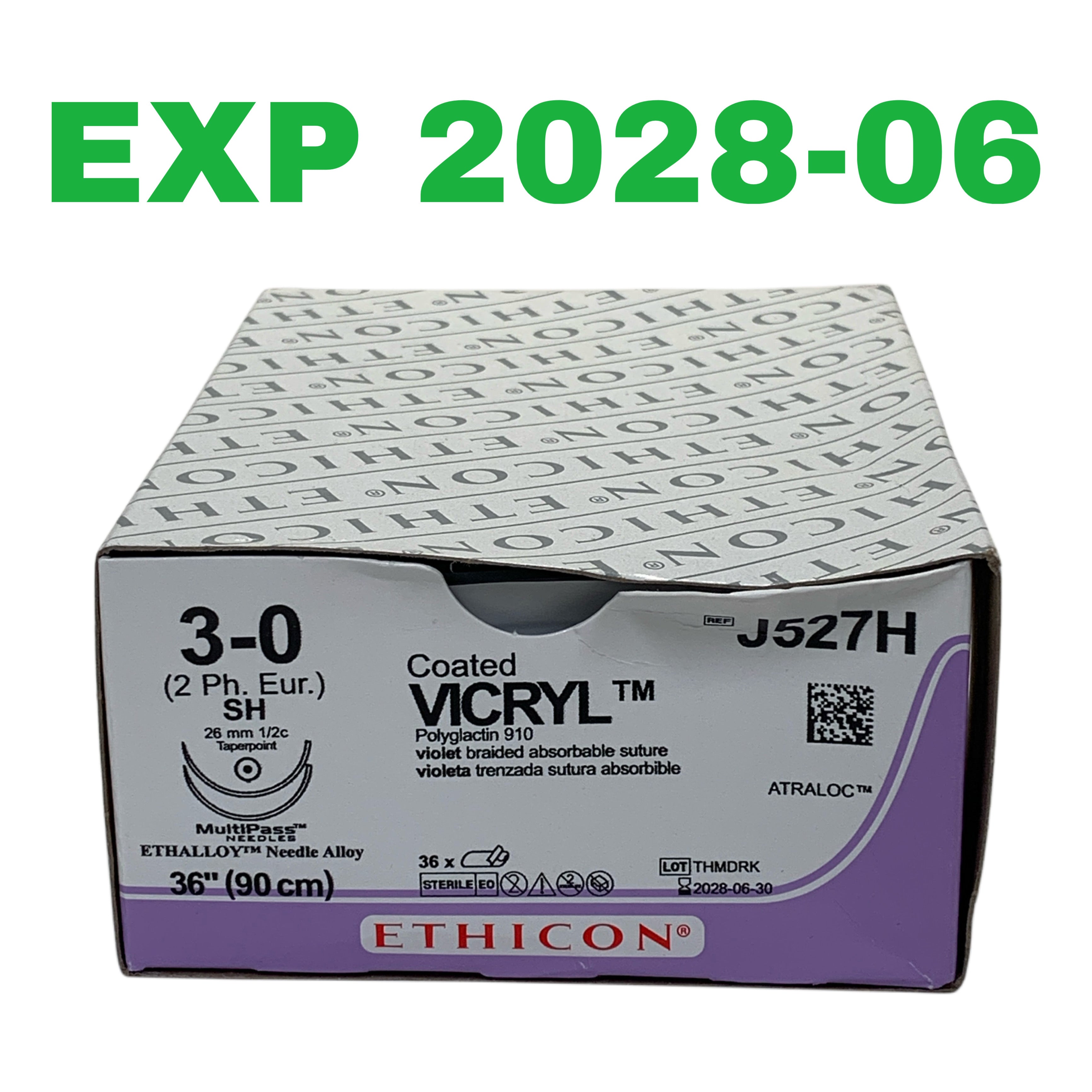 ETHICON REF J527H Coated VICRYL Violet Braided Suture 3-0, SH 26mm Needle, 36" (90 cm), Box of 36, Exp.2028/06