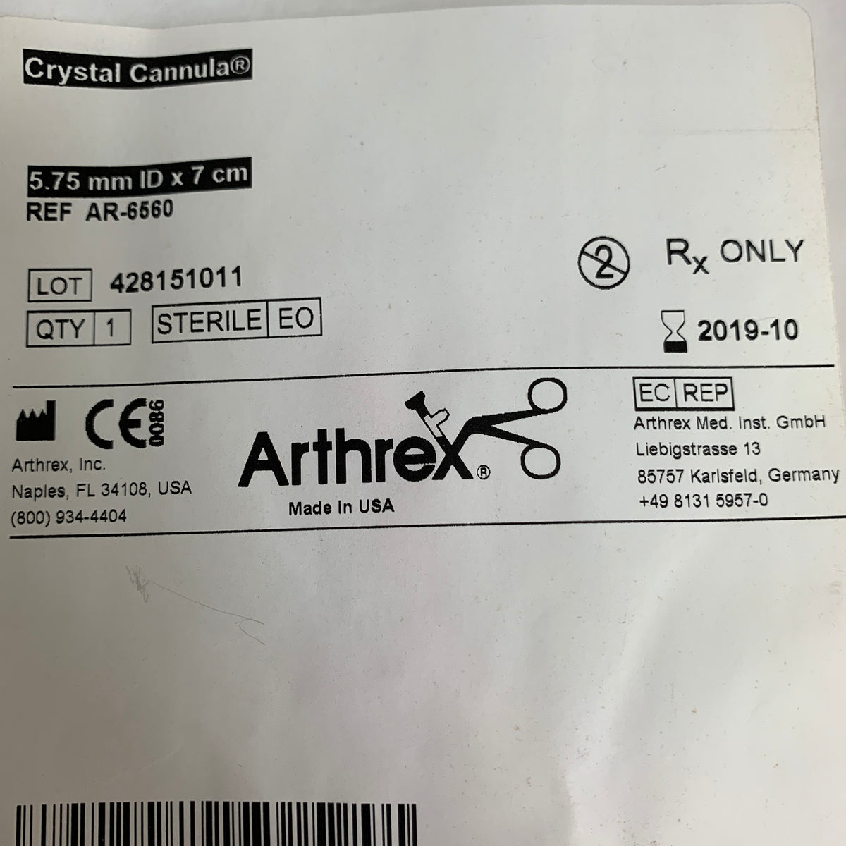 ARTHREX AR-6560 Crystal Cannula 5.75mm ID x 7cm, EXP 2019-10