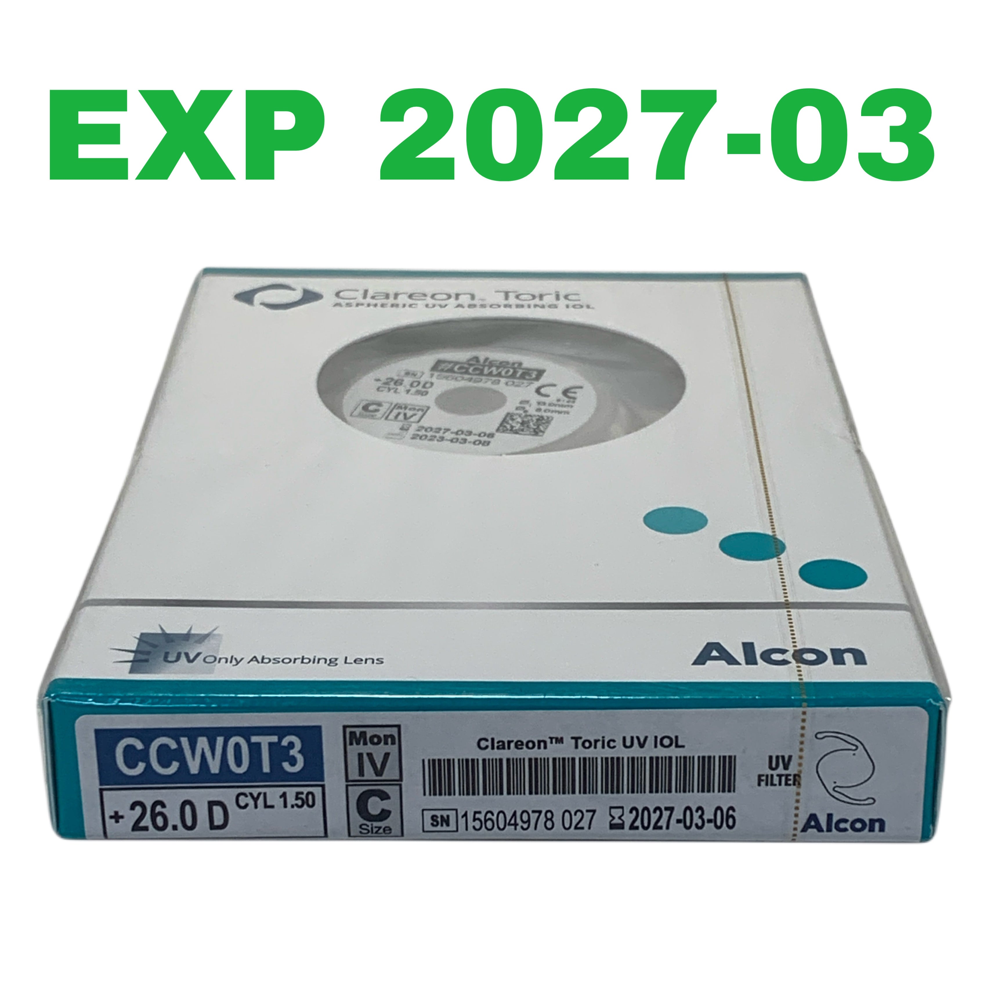 ALCON REF CCW0T3 Clareon Toric Aspheric UV Absorbing IOL +26.0 D CYL 1.50, EXP.2027/03