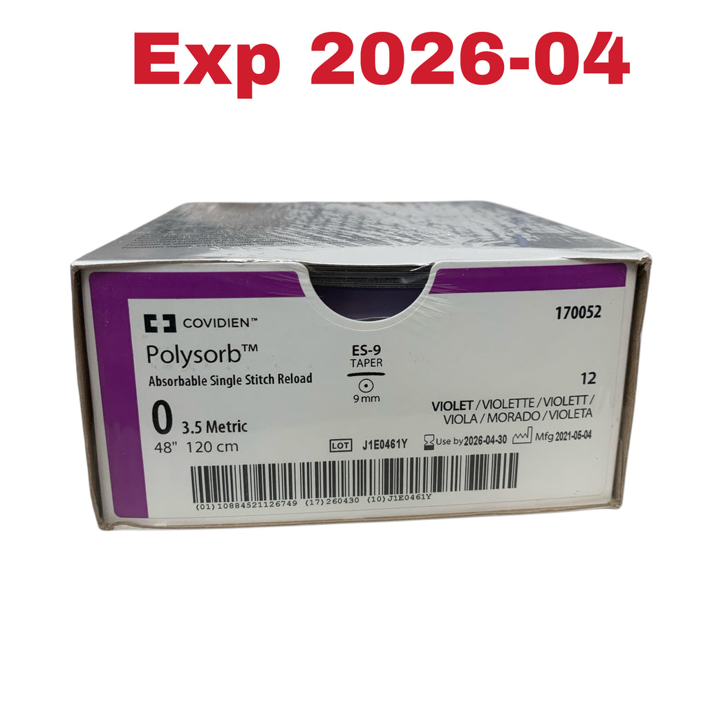COVIDIEN REF 170052 Polysorb Absorbable Single Stitch Reload 0 3.5 Metric 48" 120 cm ES 9 Taper 9 mm Exp 2026 04
