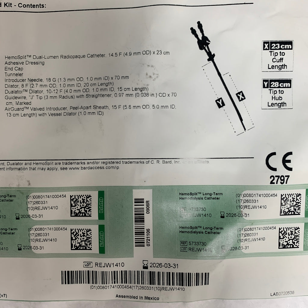 BARD 5733730 HemoSplit Long Term Hemodialysis Catheter 14.5 F x 23 cm EXP 2026 03