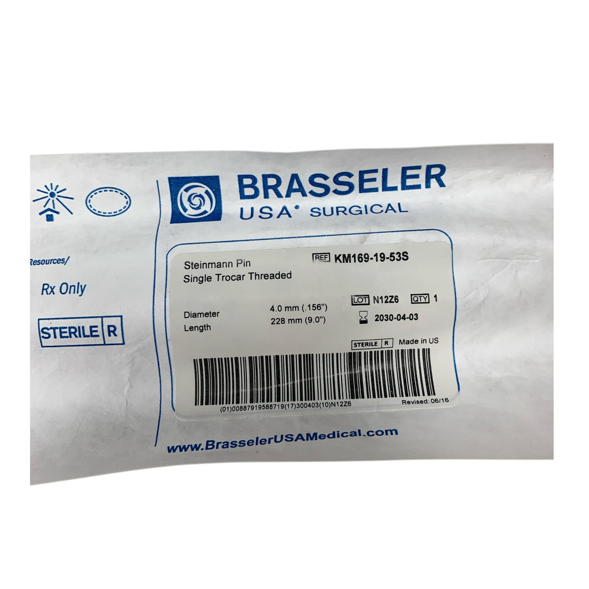BRASSELER USA KM169-19-53S Steinmann Pin Single Trocar Threaded 4.0mm 228mm Exp 2030 04