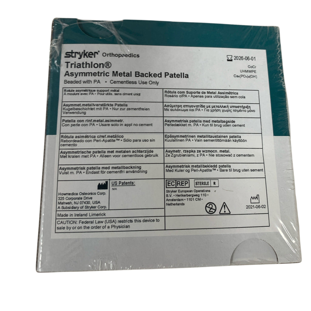 STRYKER 5554-L-401 Triathlon Asymmetrical Metal Backed Patella Beaded with PA Cementless Size A40mm Thickness 11mm Exp 2026 06