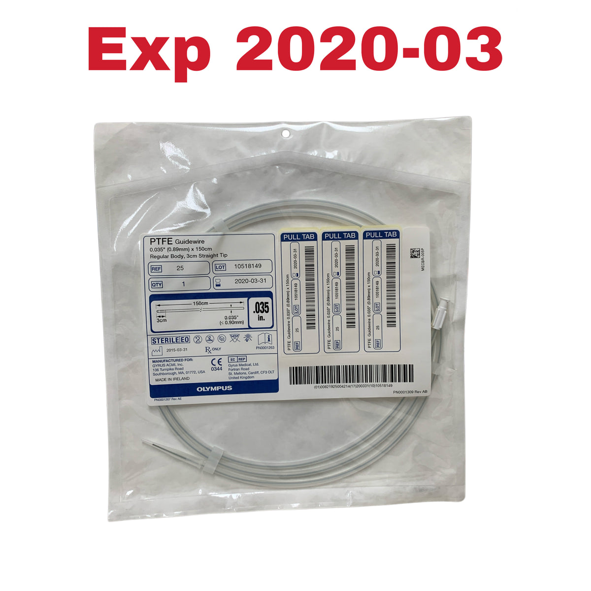 OLYMPUS 25 PTFE Guidewire 0.035 in 150cm 3cm Straight Tip Exp 2020 03