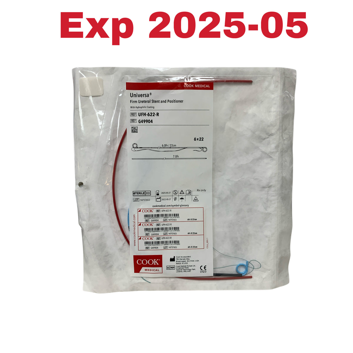 COOK MEDICAL UFH-622-R / G49904 Universa Firm Ureteral Stent and Positioner With Hydrophilic Coating 6Fr x 22cm EXP 2025 05