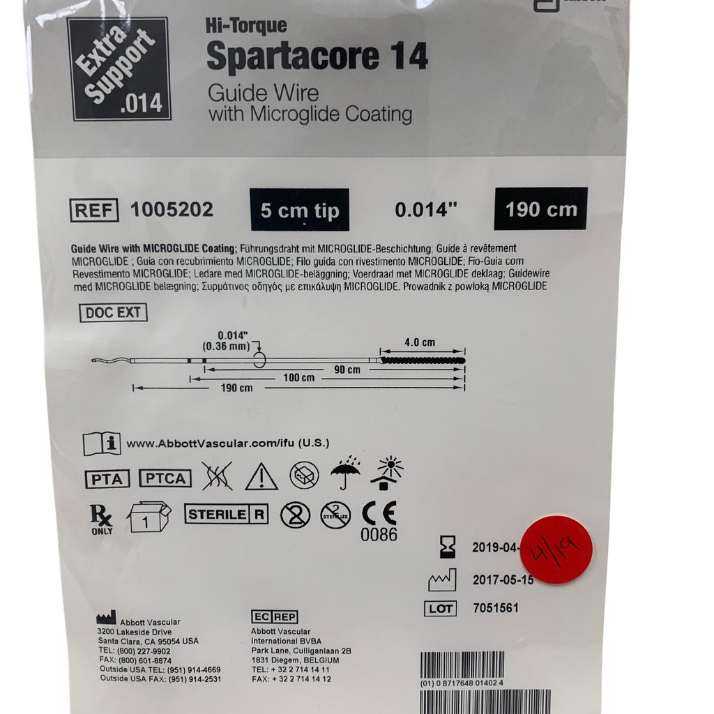 ABBOTT 1005202 Hi-Torque Spartacore 14 Guide Wire Microglide Coating Extra Support 0.014 in x 190 cm 5 cm Tip Exp 2019 04