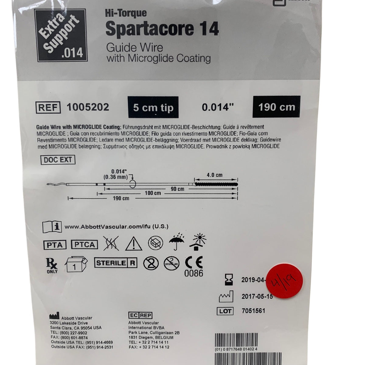 ABBOTT 1005202 Hi-Torque Spartacore 14 Guide Wire Microglide Coating Extra Support 0.014 in x 190 cm 5 cm Tip Exp 2019 04