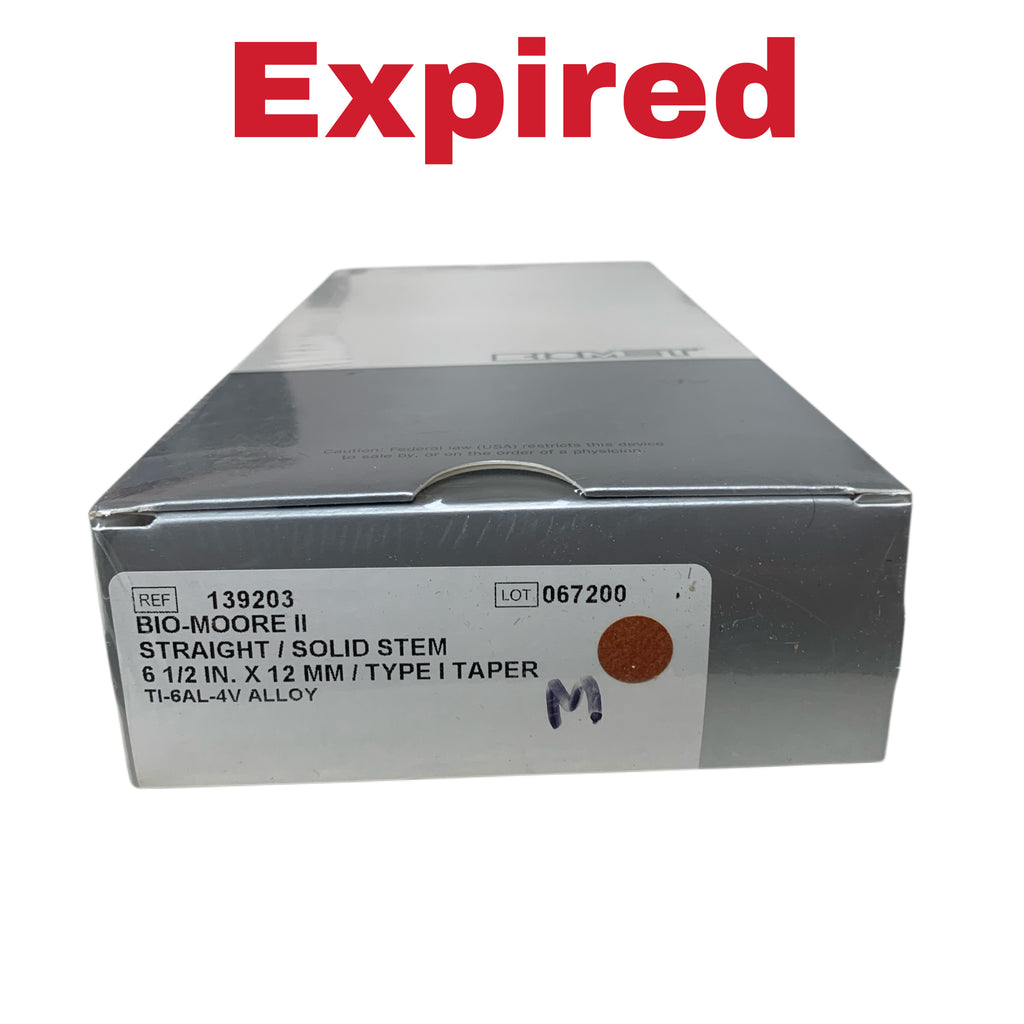 BIOMET REF 139203 BIO-MOORE II Straight Solid Stem 6 1/2 in. x 12 mm Type I Taper Ti-6AL-4V Alloy Exp.2023/12
