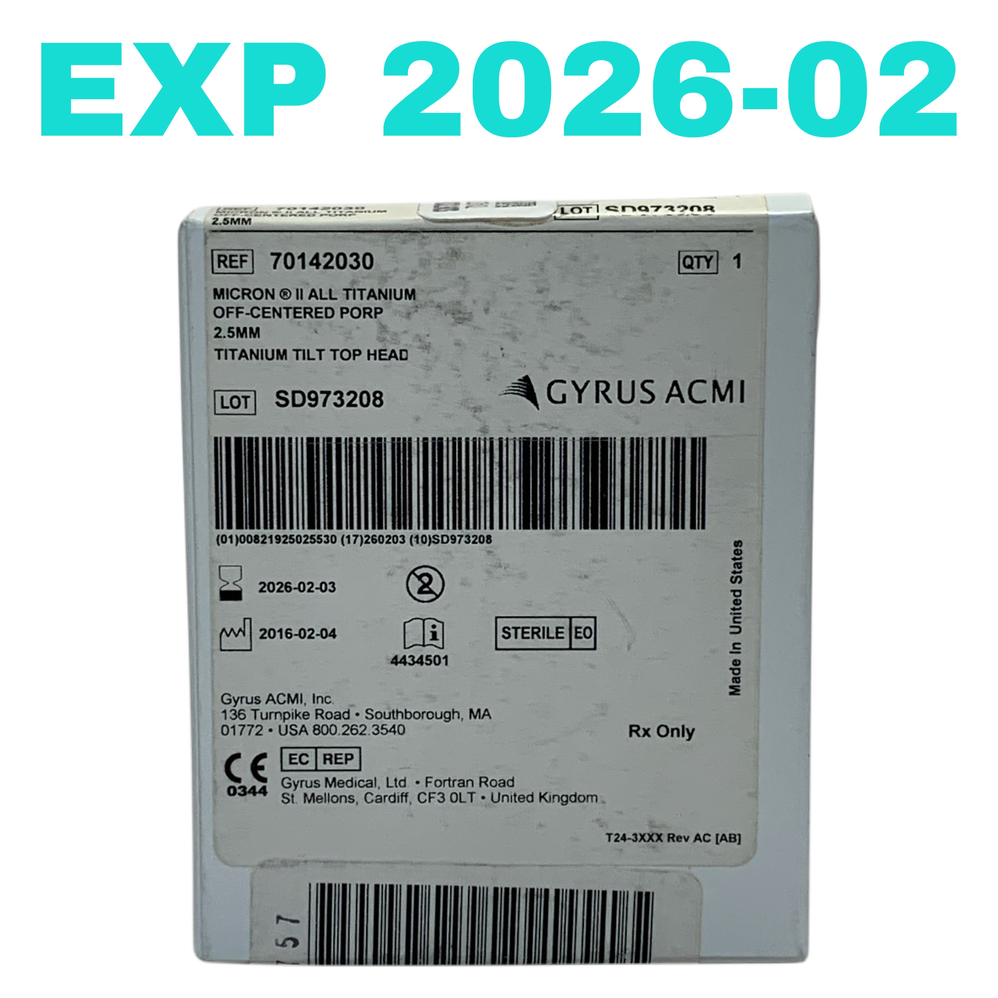 GYRUS ACMI REF 70142030 Micron II All Titanium Off-Centered PORP 2.5mm Titanium Tilt Top Head, EXP.2026/02