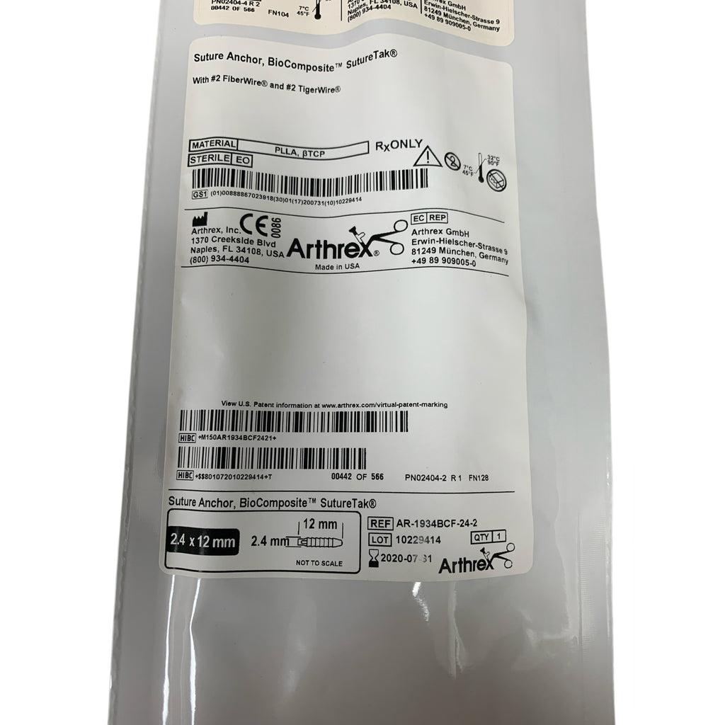 ARTHREX AR-1934BCF-24-2 Suture Anchor BioComposite SutureTak With 2 FiberWire and 2 TigerWire 2.4 x 12 mm Exp 2020 07