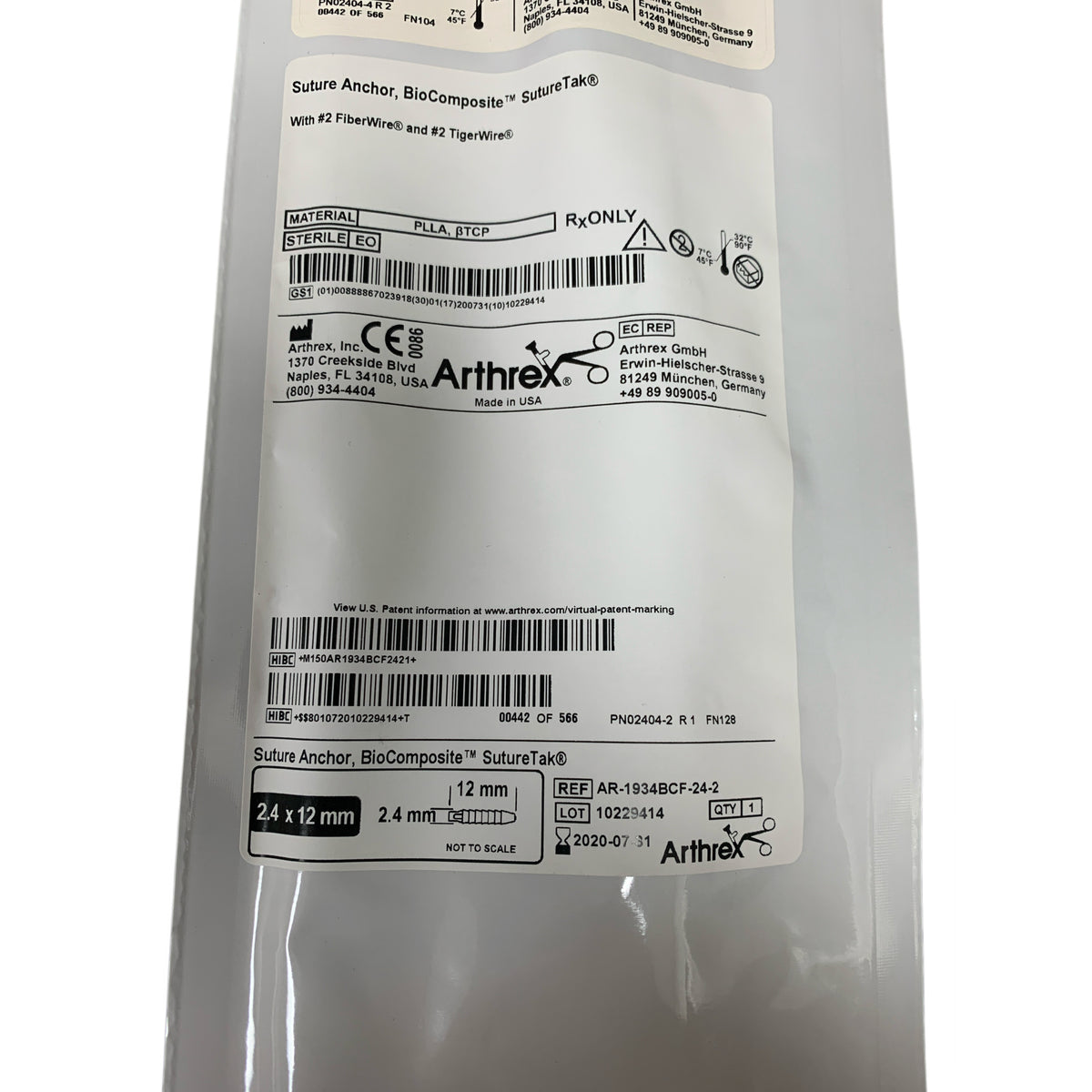 ARTHREX AR-1934BCF-24-2 Suture Anchor BioComposite SutureTak With 2 FiberWire and 2 TigerWire 2.4 x 12 mm Exp 2020 07