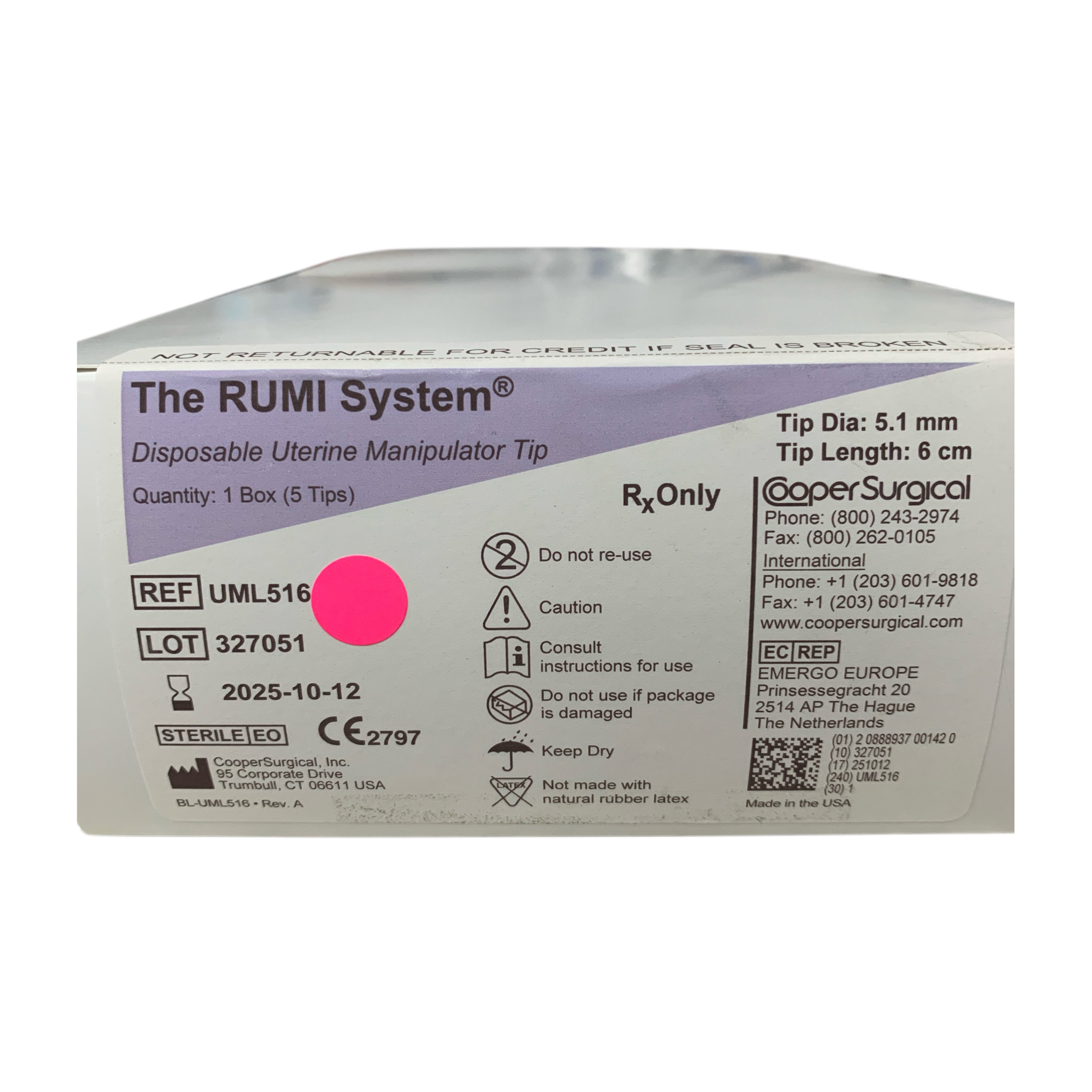 COOPER SURGICAL REF UML516 The RUMI System Disposable Uterine Manipulator Tip 5.1mm x 6cm, Exp.2025/10