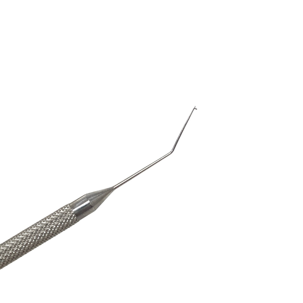 AMBLER REF 9029E Lester lens manipulator 4 1/2'',angled shaft, 10.0mm from bend to tip, 0.25mm hourglass-shaped tip, round handle