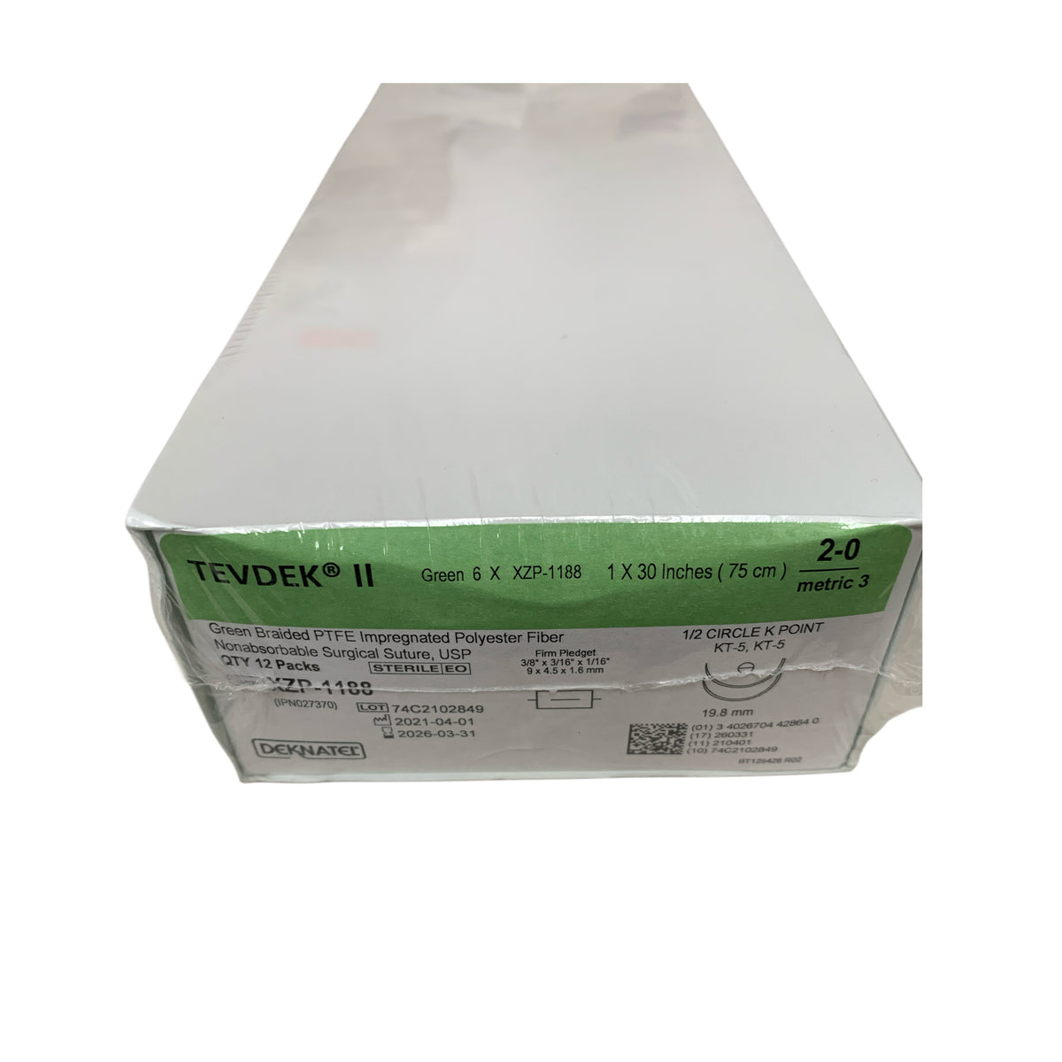 TELEFLEX XZP-1188 (IPN027370) Deknatel TEVDEK II Green Braided PTFE Impregnated Polyester Fiber Surgical Suture USP 75 cm Box of 12 Exp 2026 03
