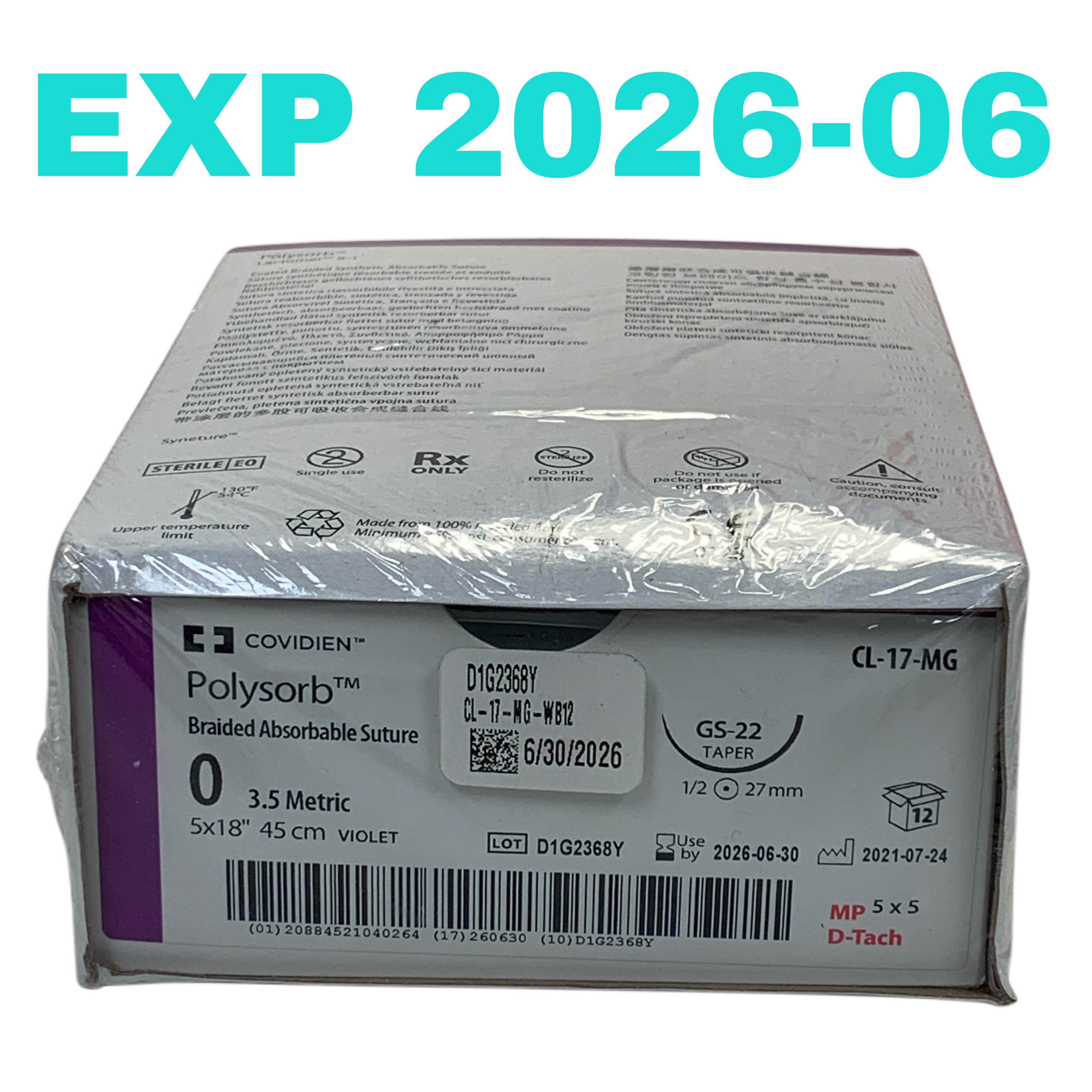 COVIDIEN REF CL-17-MG Polysorb Braided Absorbable Suture Size 0 45cm Violet GS-22 Taper Needle Box of 12, Exp.2026/06
