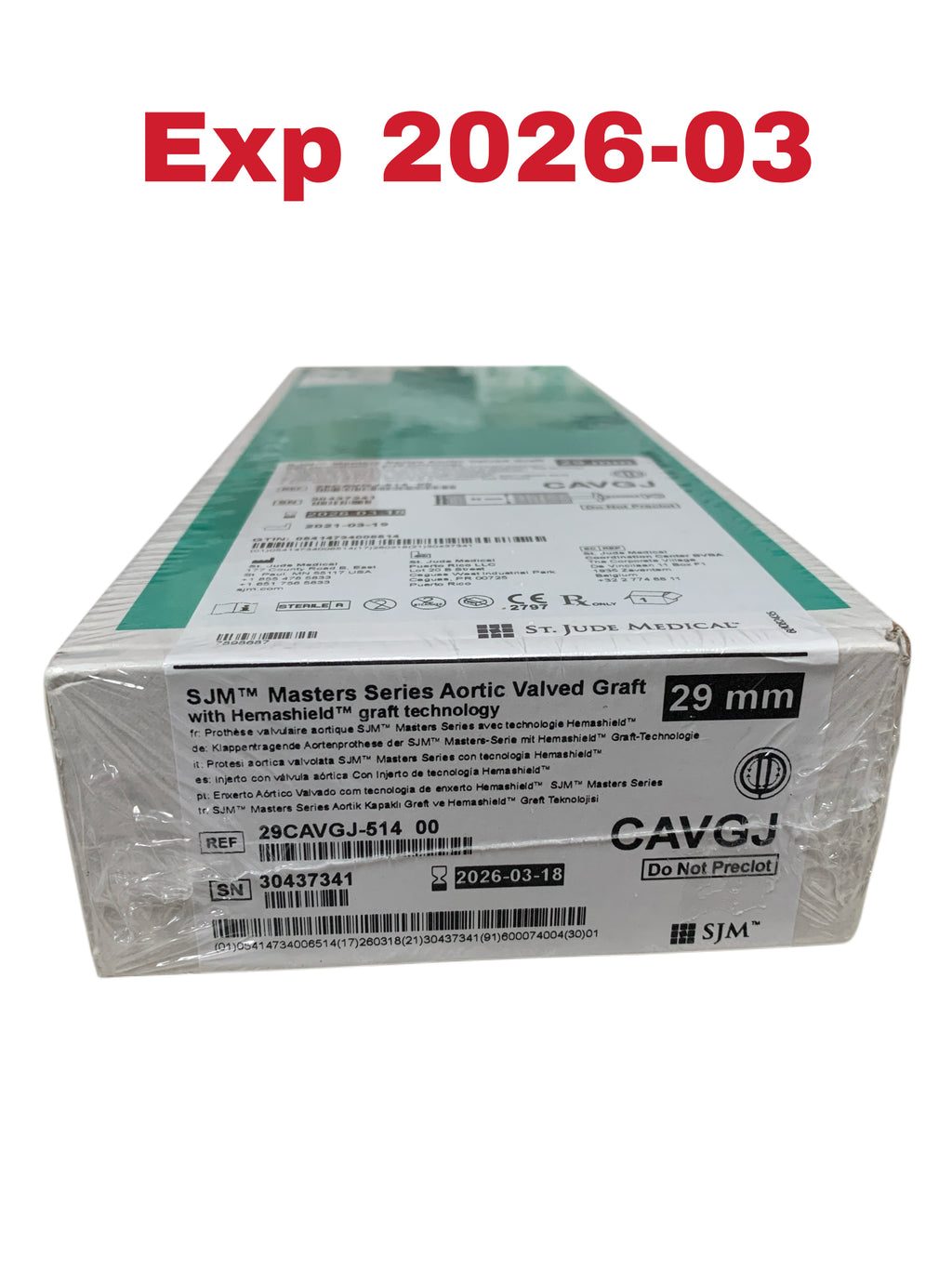 ST JUDE MEDICAL 29CAVGJ514 SJM Masters Series Aortic Valved Graft with Hemashield graft technology 29 mm EXP 2026 03