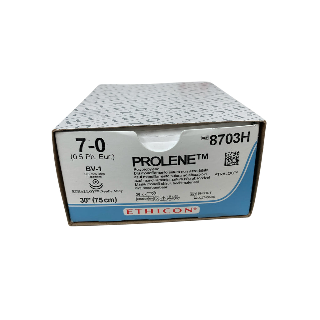 ETHICON 8703H Prolene Blue Monofilament Polypropylene Suture BV 1 Taperpoint Needle 7-0 30in Box of 36 EXP 2027 06