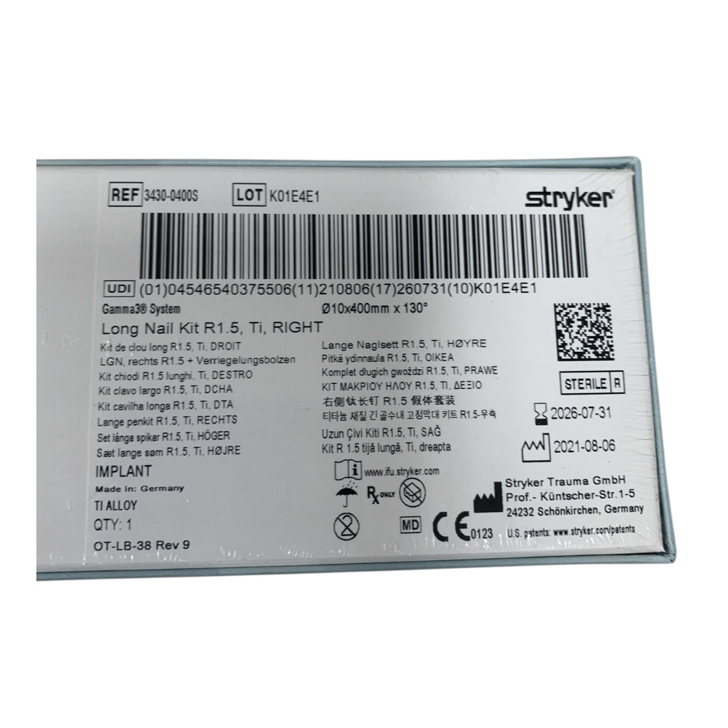 STRYKER 3430-0400S Gamma3 System Long Nail Kit R1.5 Ti Right 10x400mm x 130 Exp 2026 07