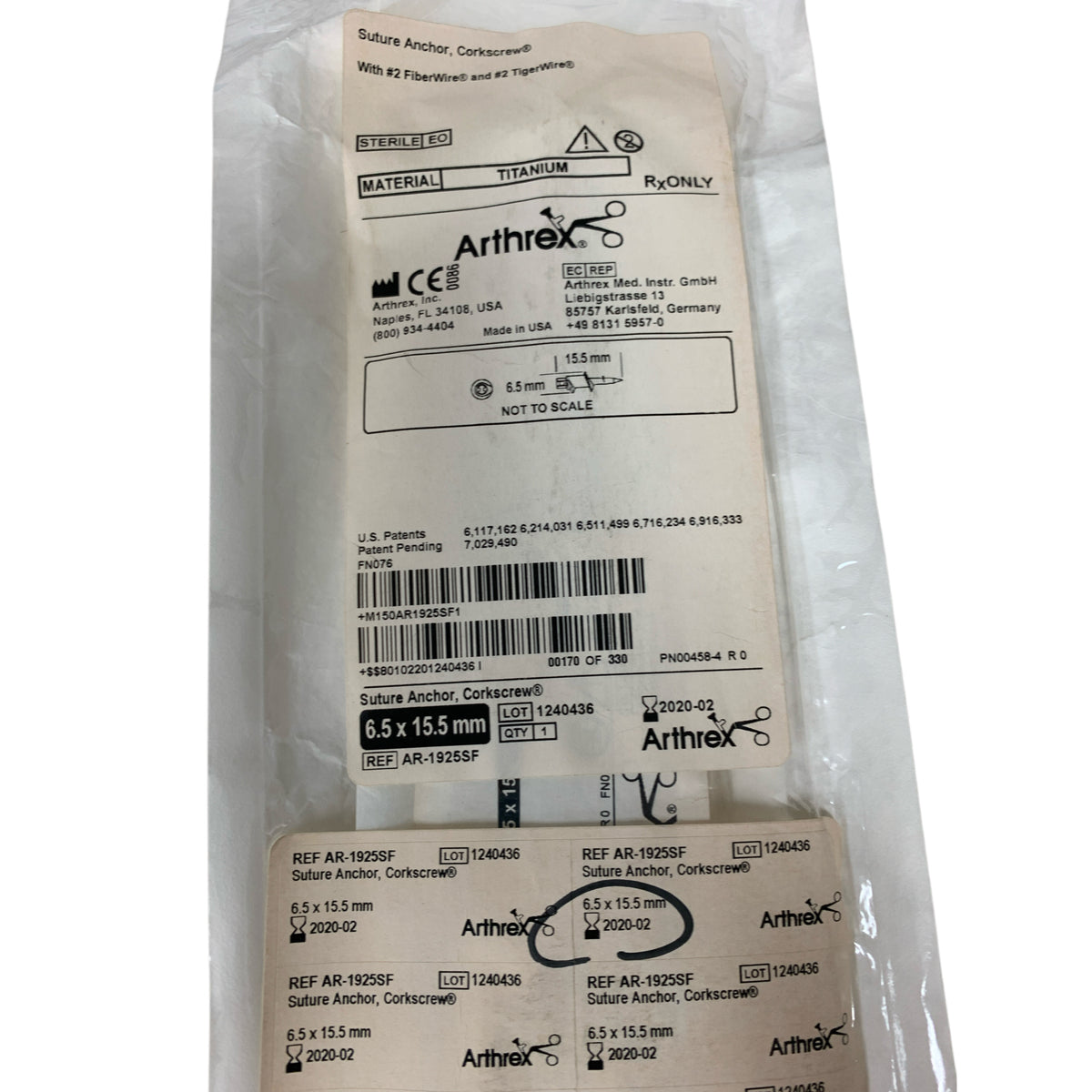 ARTHREX AR-1925SF Suture Anchor Corkscrew Titanium 6.5 x 15.5 mm Exp 2020 02