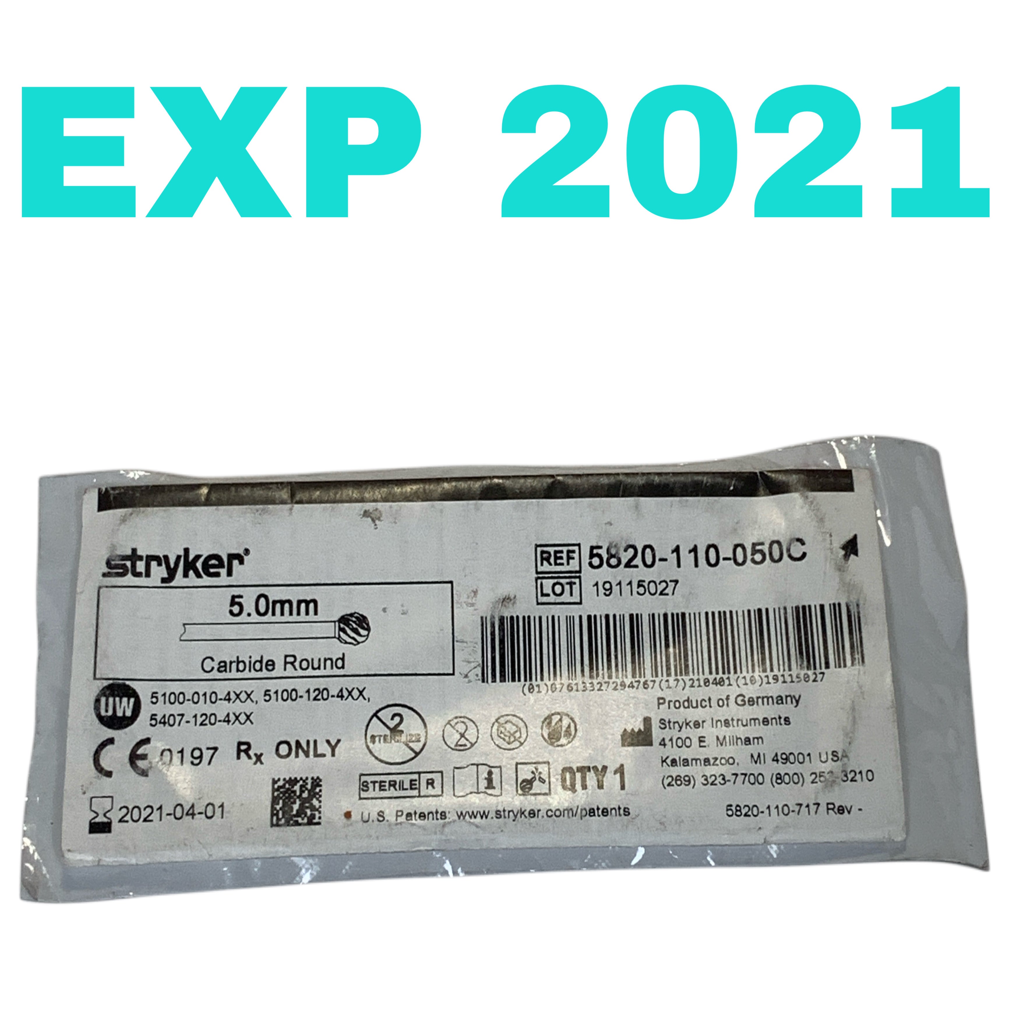 STRYKER REF 5820-110-050C 5.0mm Carbide Round, EXP.2021-04