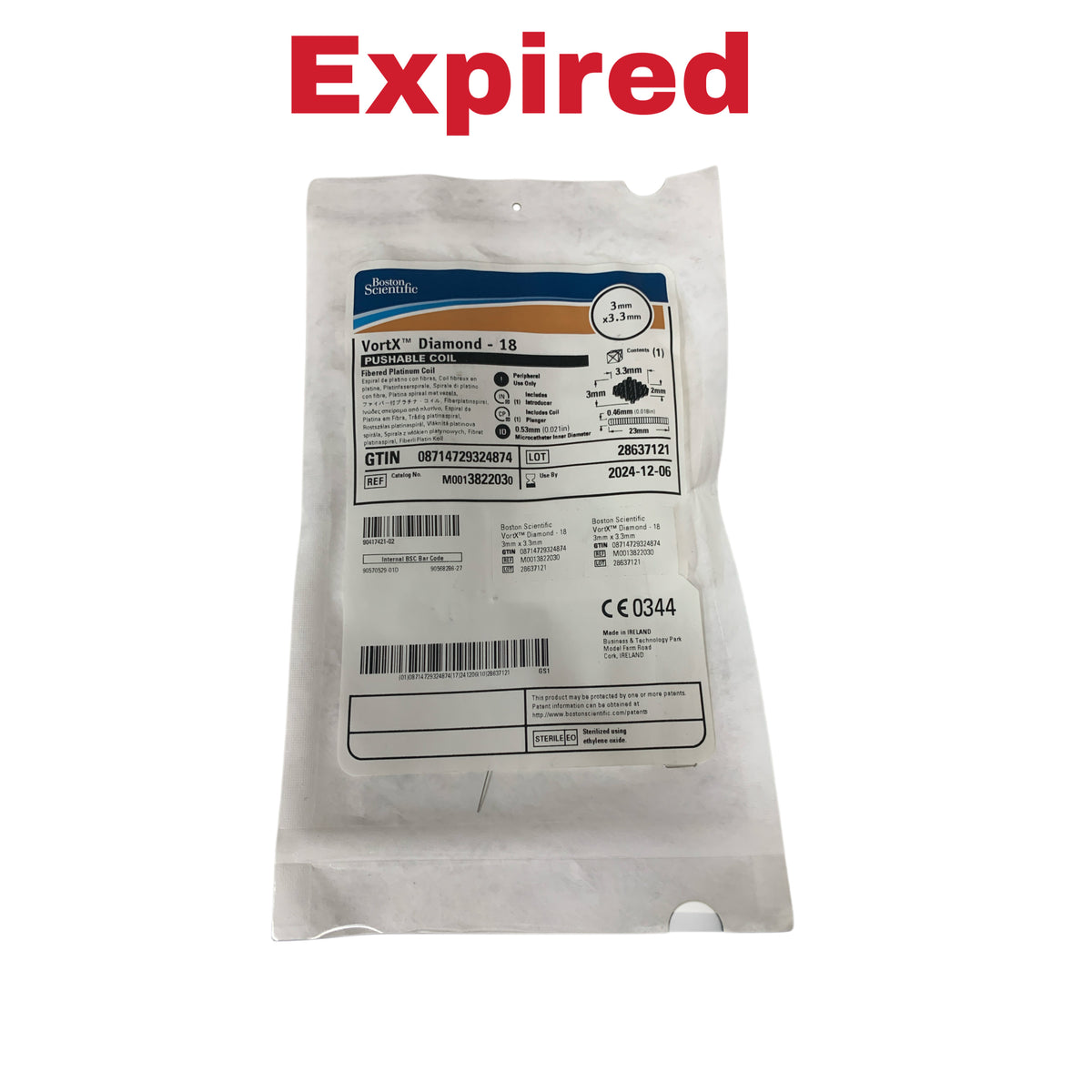 BOSTON SCIENTIFIC M0013822030 VortX Diamond 18 Pushable Coil Fibered Platinum Coil 3 mm x 3.3 mm EXP 2024 12