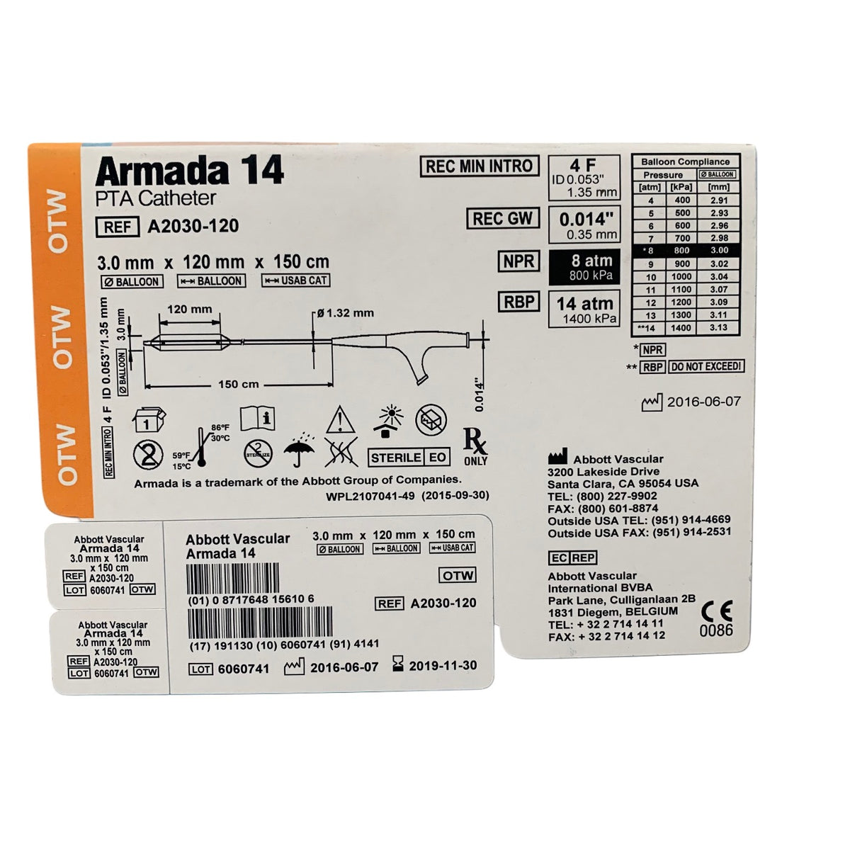 ABBOTT A2030-120 Armada 14 OTW PTA Catheter 3.0mm x 120mm x 150cm Exp 2019 11