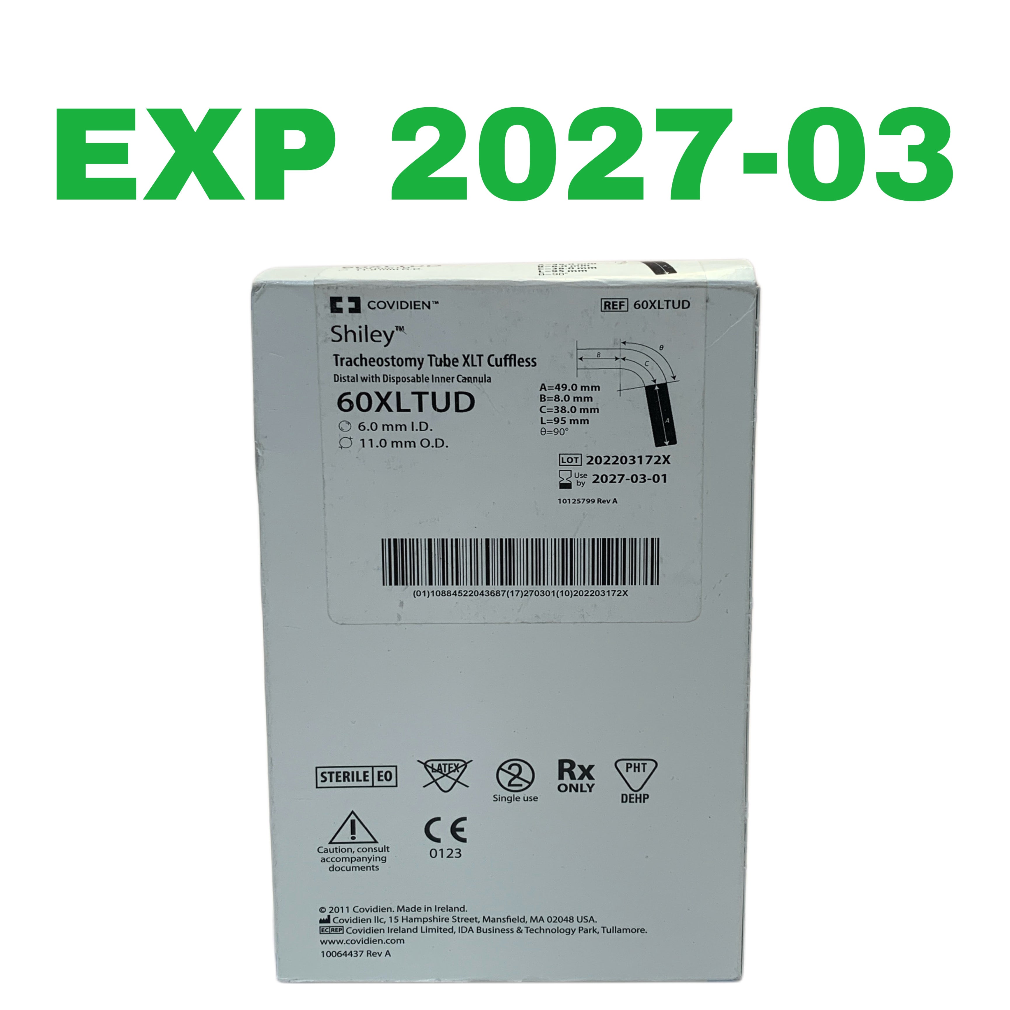 COVIDIEN REF 60XLTUD Shiley Tracheostomy Tube XLT Cuffless 6.0mm ID 11.0mm OD, EXP.2027/03
