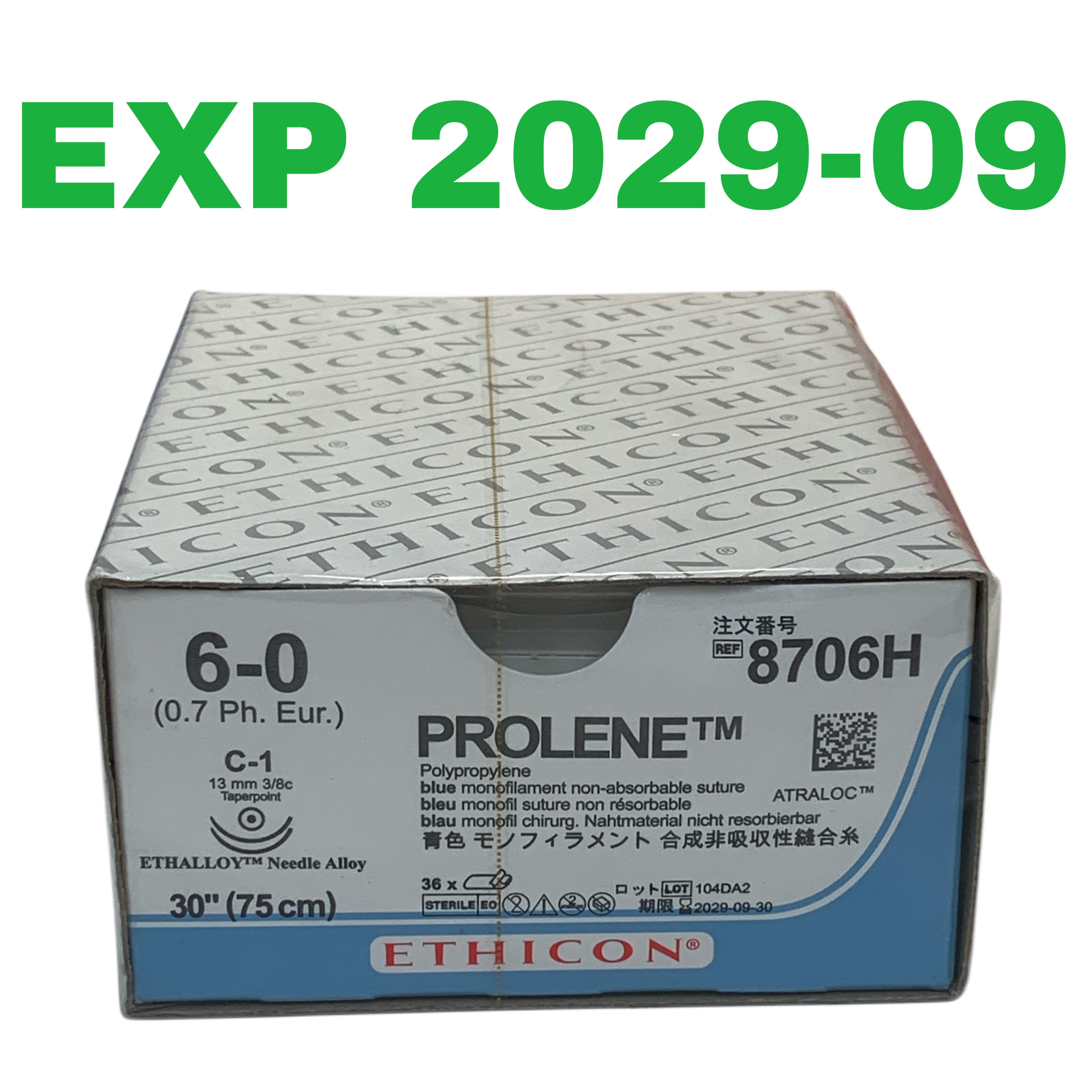 ETHICON REF 8706H PROLENE 6-0 Suture C-1 Taperpoint 30" 75cm, Exp.2029/09
