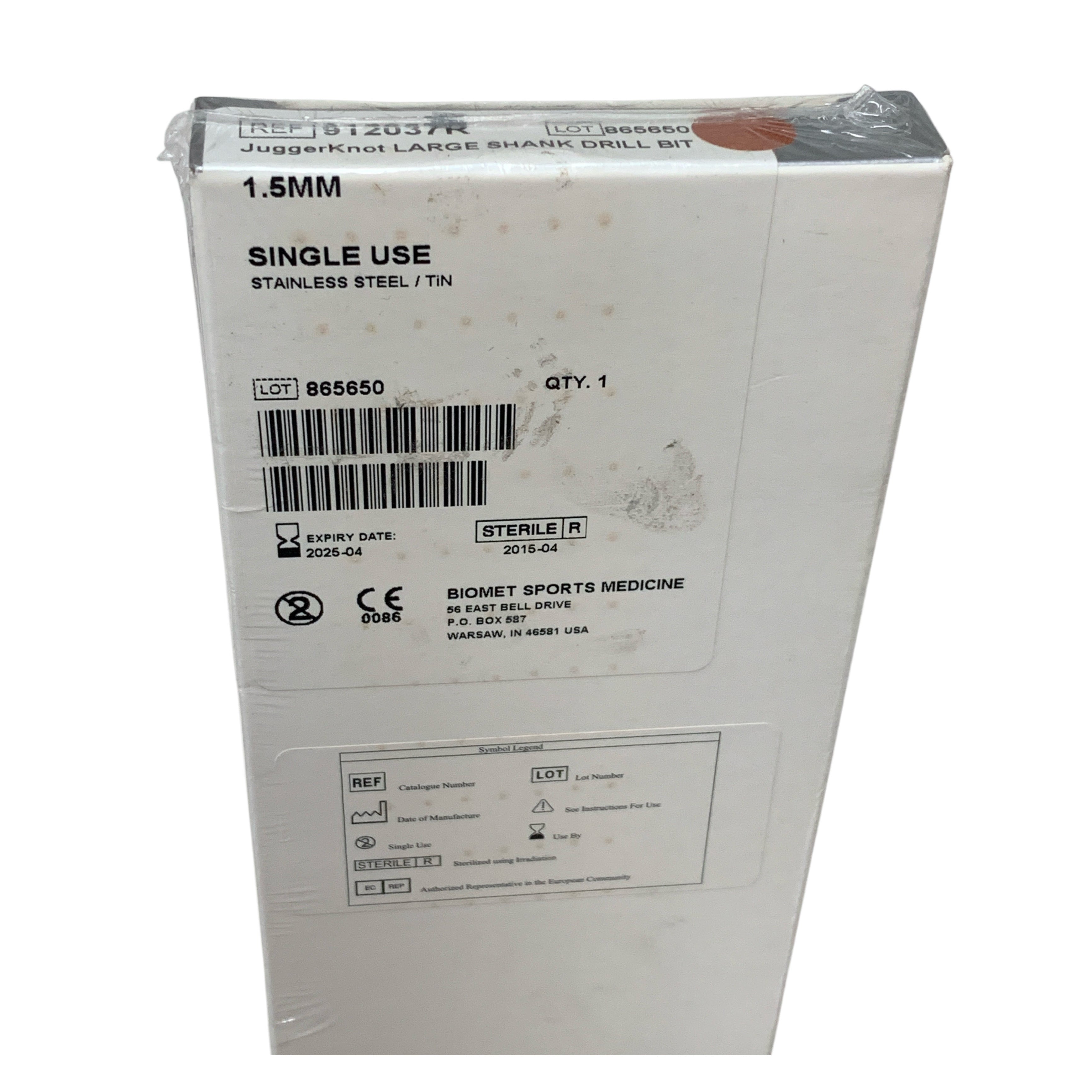 BIOMET REF 912037R JuggerKnot Large Shank Drill Bit 1.5mm Stainless Steel / TiN Exp 2025 04