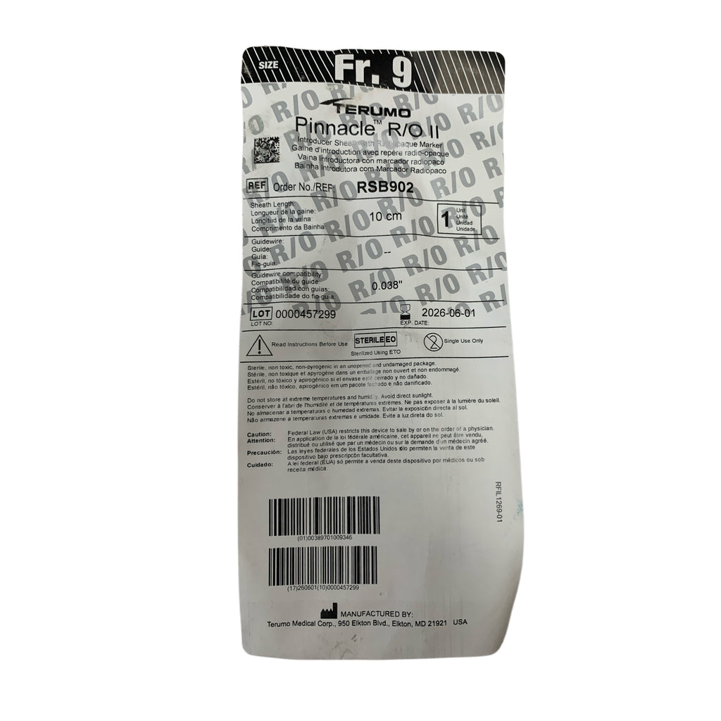 TERUMO REF RSB902 Pinnacle R/O II Introducer Sheath Fr. 9 10cm, Exp.2026/06