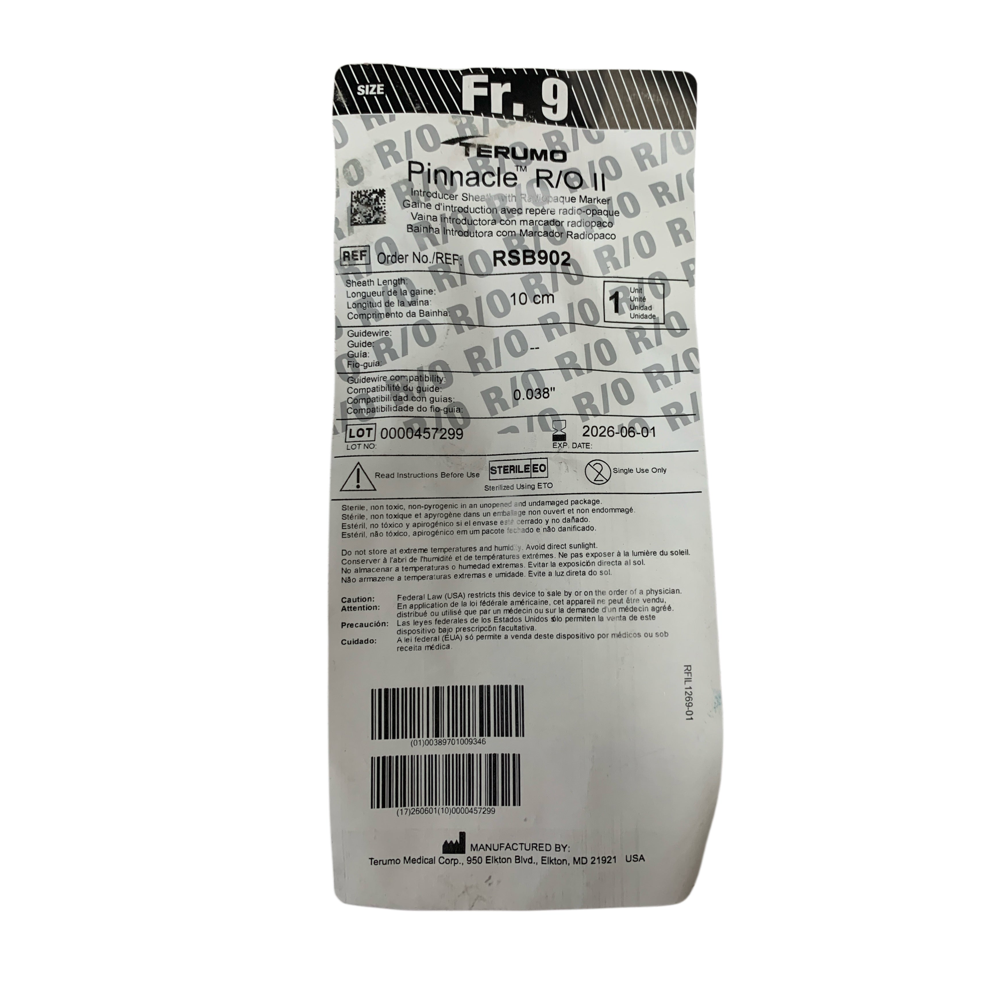 TERUMO REF RSB902 Pinnacle R/O II Introducer Sheath Fr. 9 10cm, Exp.2026/06