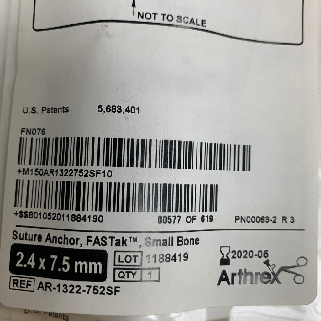 ARTHREX AR-1322-752SF FASTak Small Bone Titanium Suture Anchor 2.4 x 7.5mm with 2-0 FiberWire, EXP 2020-05