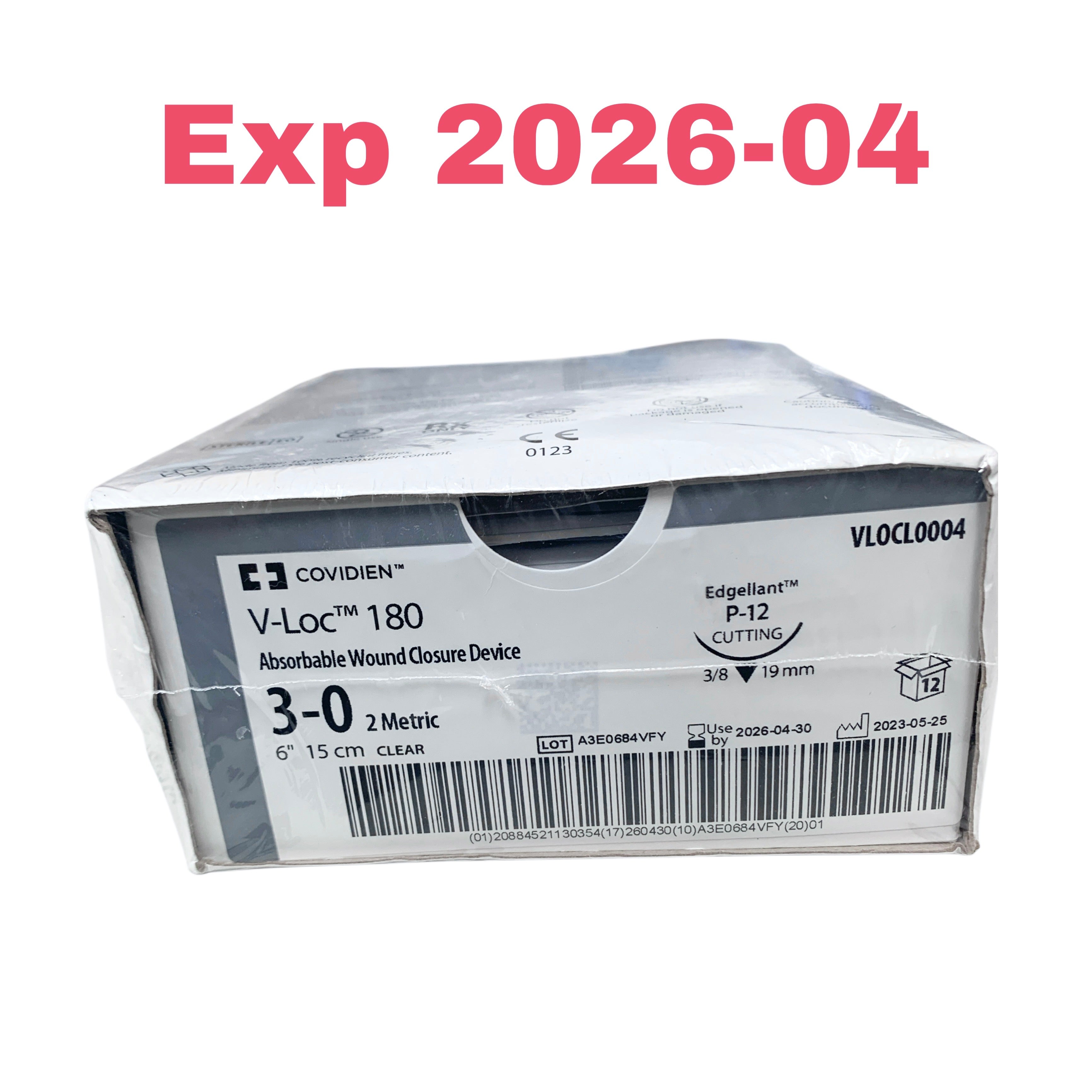 COVIDIEN REF VLOCL0004 V-Loc 180 Absorbable Wound Closure Suture | 3-0, 6" (15cm), Clear, P-12 Cutting Needle, Box of 12, EXP.2026-04