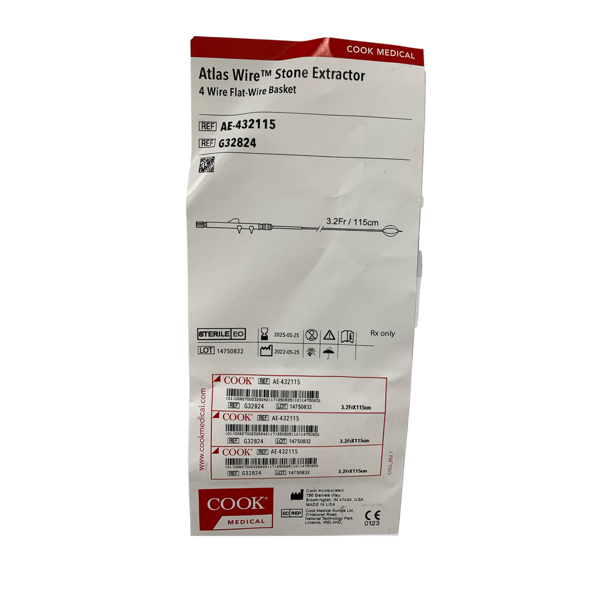 COOK MEDICAL AE-432115 / G32824 Atlas Wire Stone Extractor 4 Wire Flat-Wire Basket 3.2Fr 115cm Exp 2025 05