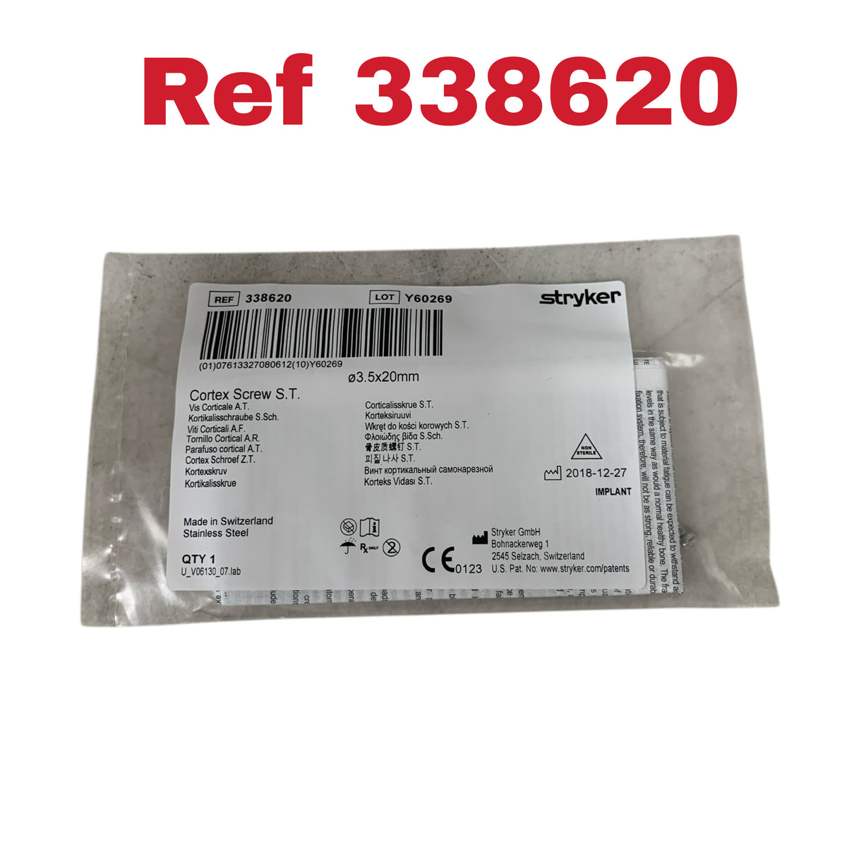 STRYKER 338620 Cortex Screw ST Stainless Steel 3.5x20mm