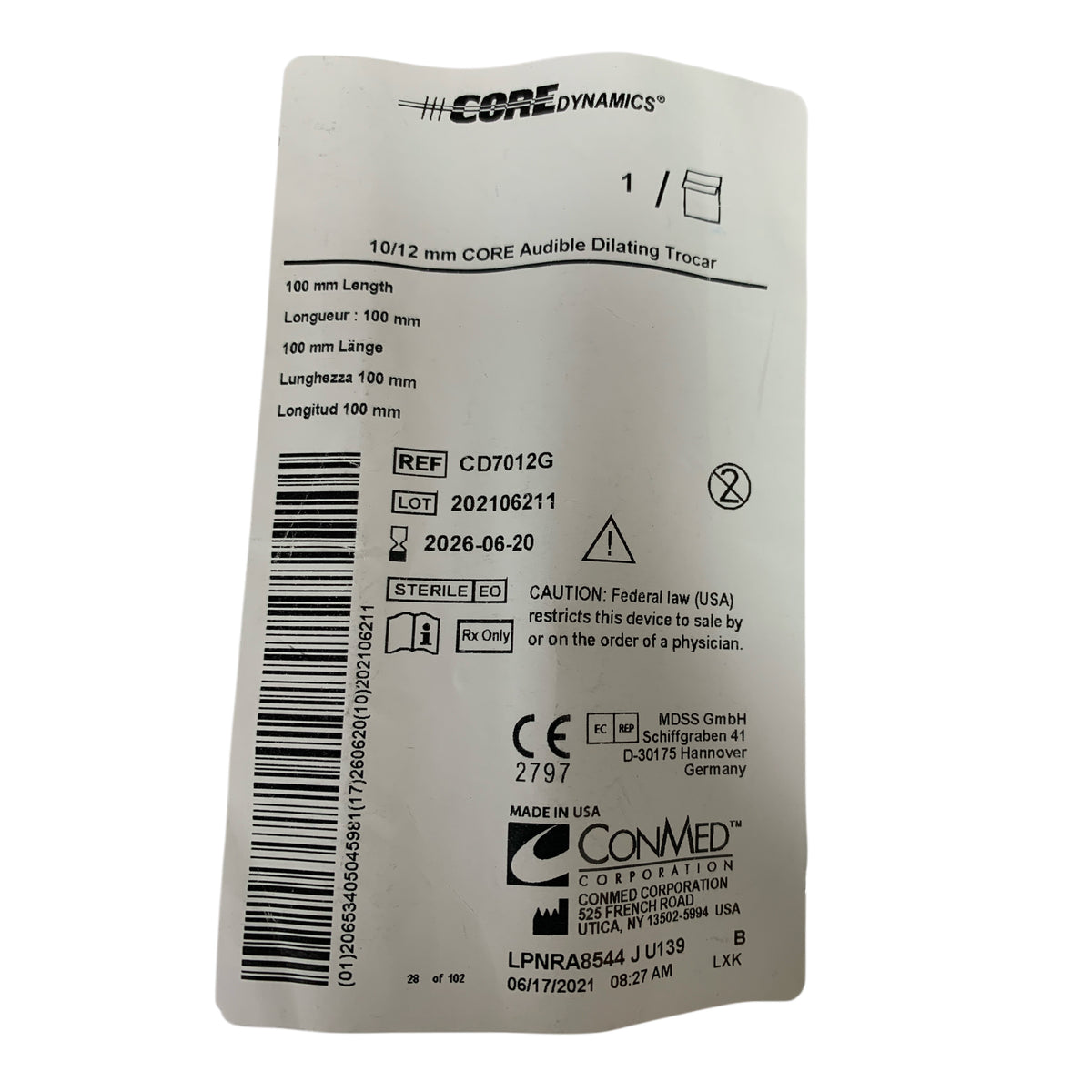 CONMED CD7012G Core Dynamics 10/12 mm CORE Audible Dilating Trocar 100 mm Length Exp 2026 06