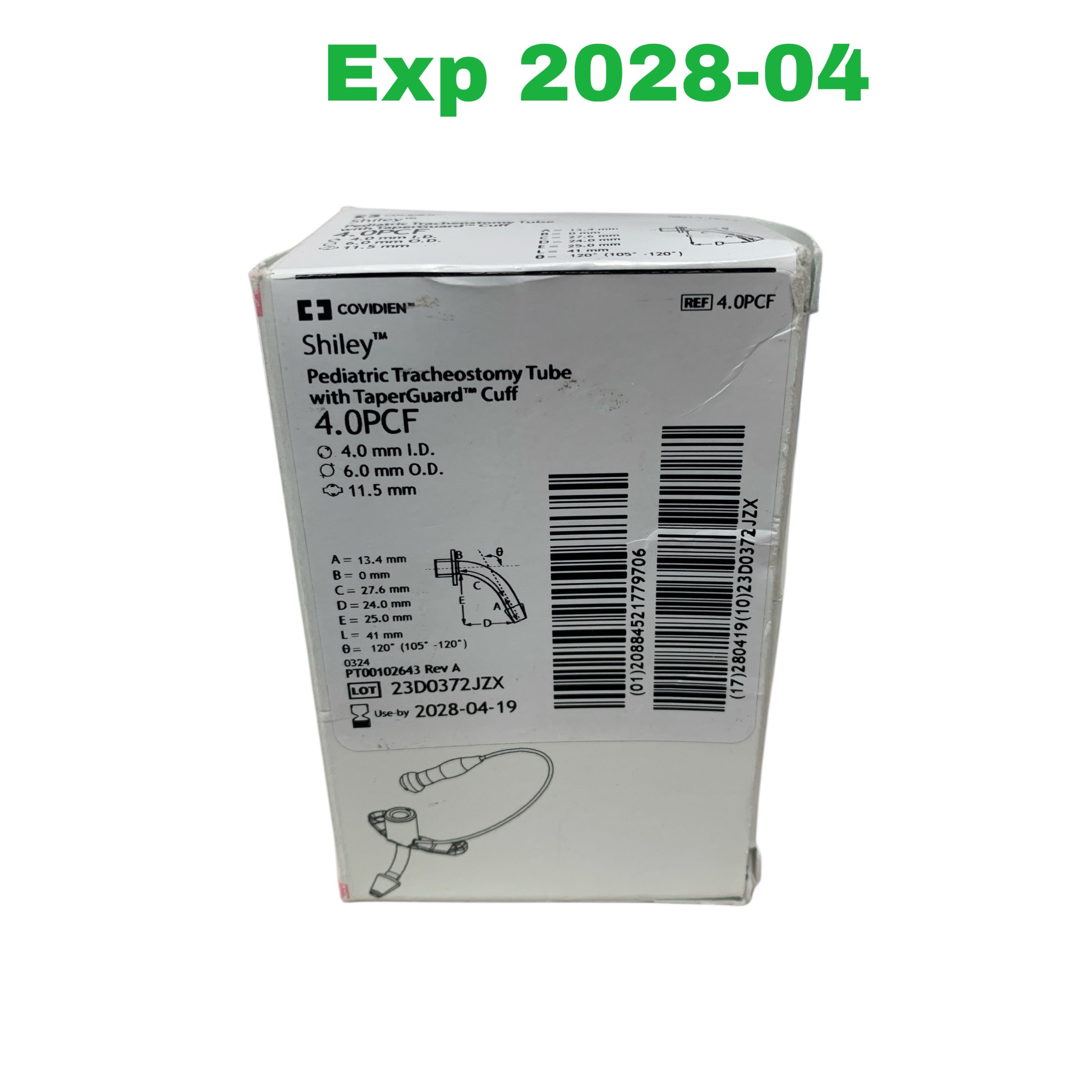 COVIDIEN REF 4.0PCF Shiley Pediatric Tracheostomy Tube with TaperGuard Cuff 4.0mm ID 6.0mm OD, Exp.2028/04
