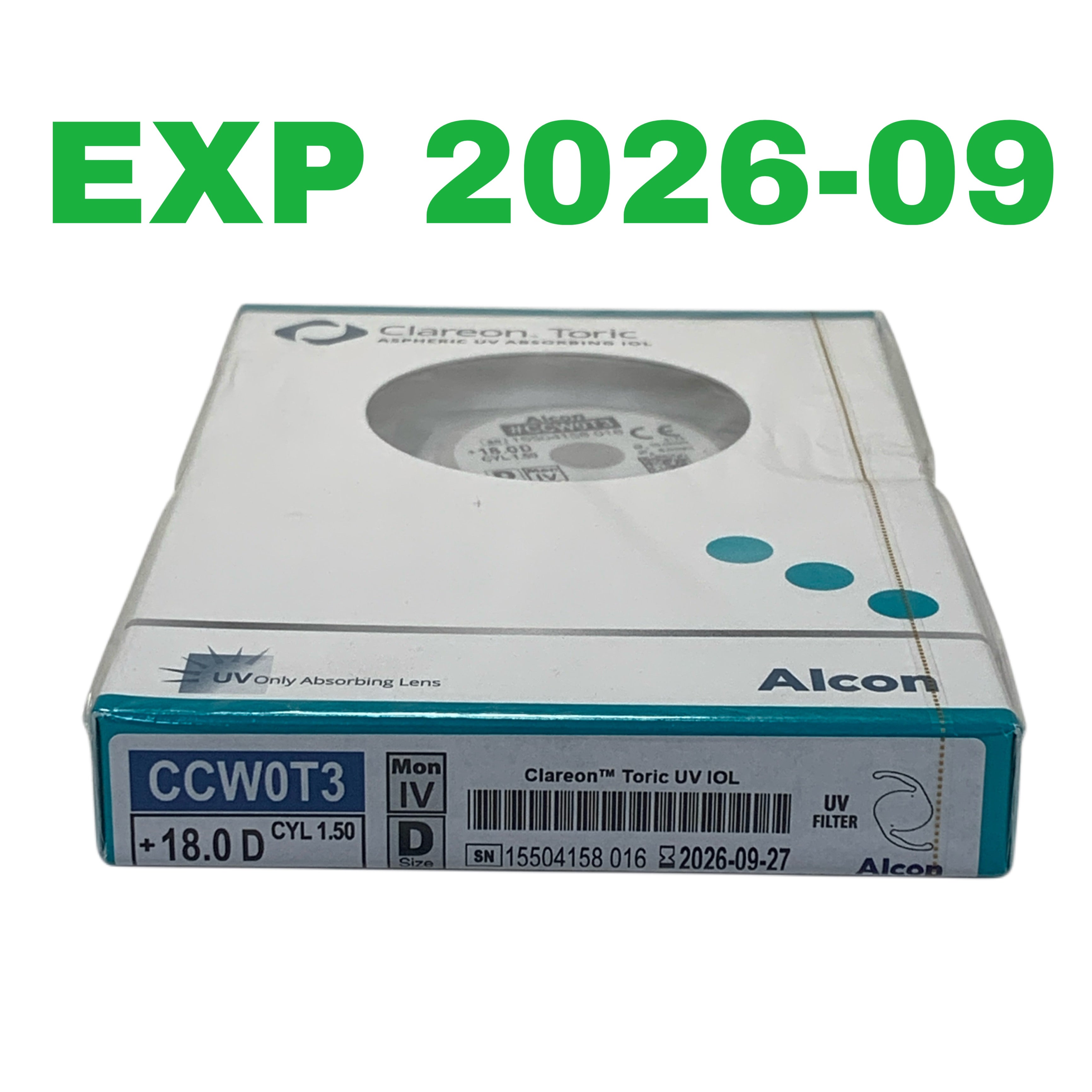 ALCON REF CCW0T3 Clareon Toric UV IOL Aspheric UV Absorbing Intraocular Lens +18.0 D CYL 1.50, Exp.2026/09