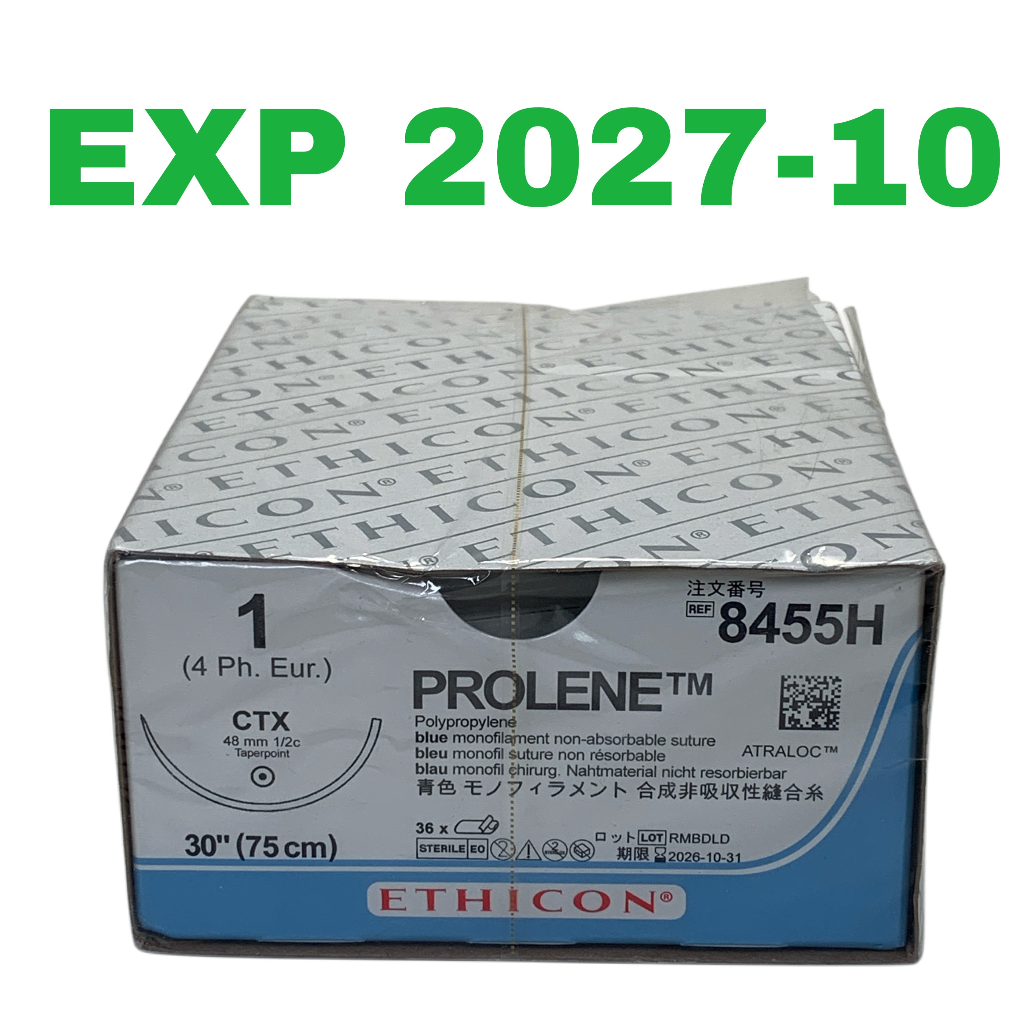 ETHICON REF 8455H Prolene Polypropylene Suture 1 CTX 48mm 30" Box of 36, Exp.2027/10