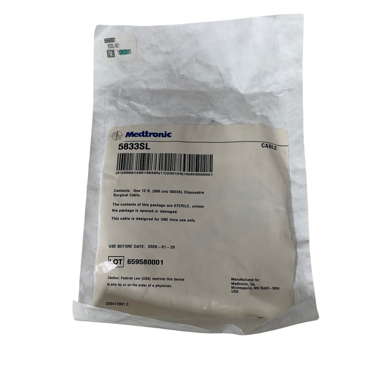 MEDTRONIC 5833SL Disposable Surgical Cable 12 ft 366 cm Exp 2020 01