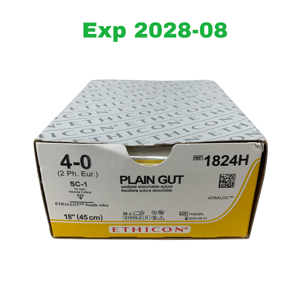 ETHICON REF 1824H Plain Gut Absorbable Suture 4-0 SC-1 Needle Box of 36, Exp.2028/08