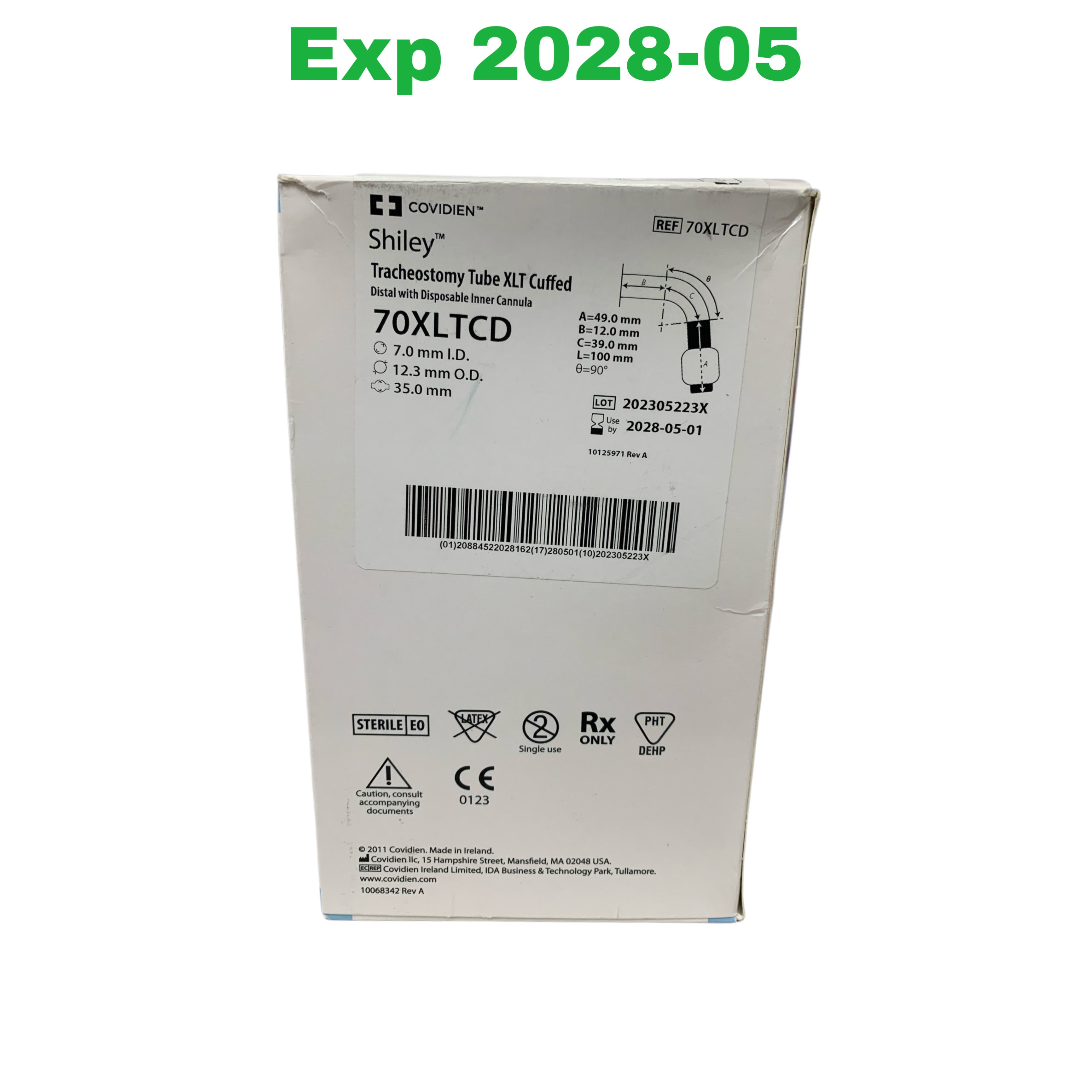 COVIDIEN REF 70XLTCD Shiley Tracheostomy Tube XLT Cuffed Distal with Disposable Inner Cannula 7.0mm I.D., Exp.2028/05