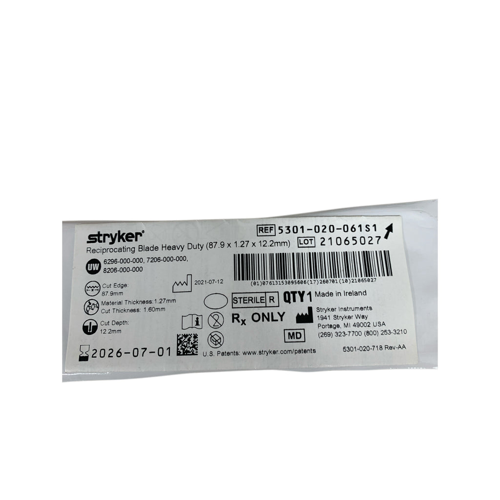 STRYKER 5301-020-061S1 Reciprocating Blade Heavy Duty 87.9 x 1.27 x 12.2mm Exp 2026 07