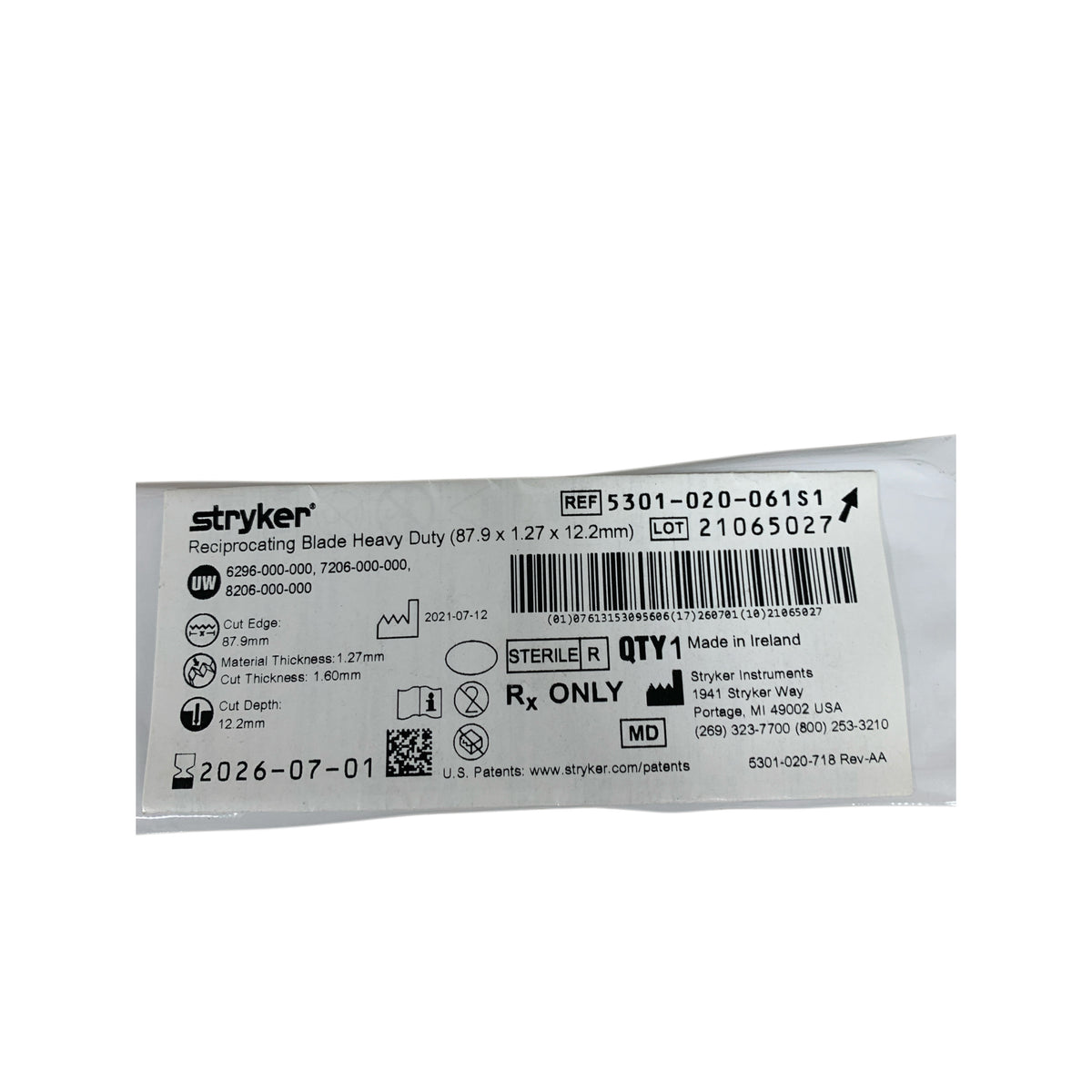 STRYKER 5301-020-061S1 Reciprocating Blade Heavy Duty 87.9 x 1.27 x 12.2mm Exp 2026 07