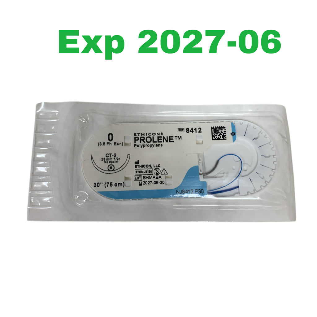 ETHICON REF 8412H Prolene 0 Polypropylene Monofilament Non-Absorbable Suture CT-2 Taperpoint Needle 30" (75 cm) Box of 36, Exp.2027/06